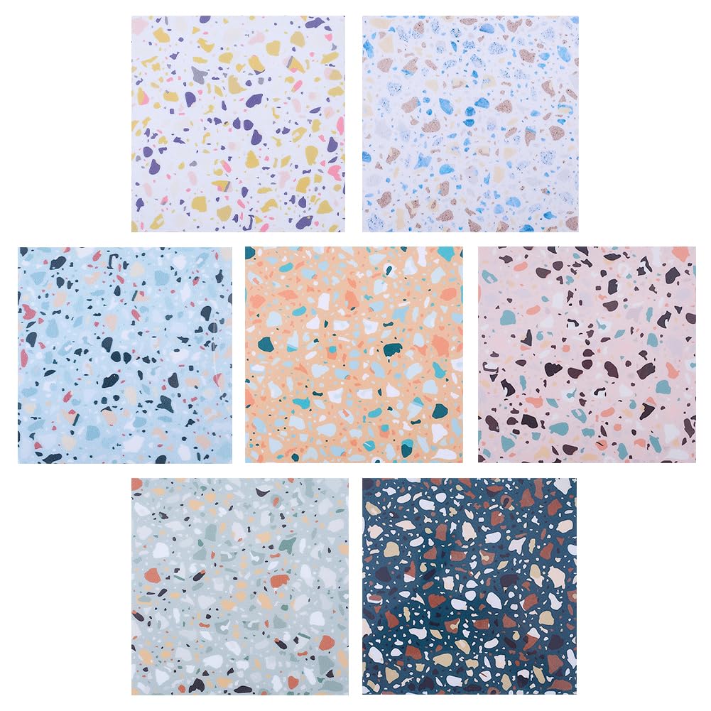 GOMAKERER 14 Sheets 7 Styles Dollhouse Wallpapers, 3.94 Inch Terrazzo Pattern Self Adhesive Dollhouse Wallpaper Flooring PVC Waterproof Mini Stickers for DIY Crafting House Models