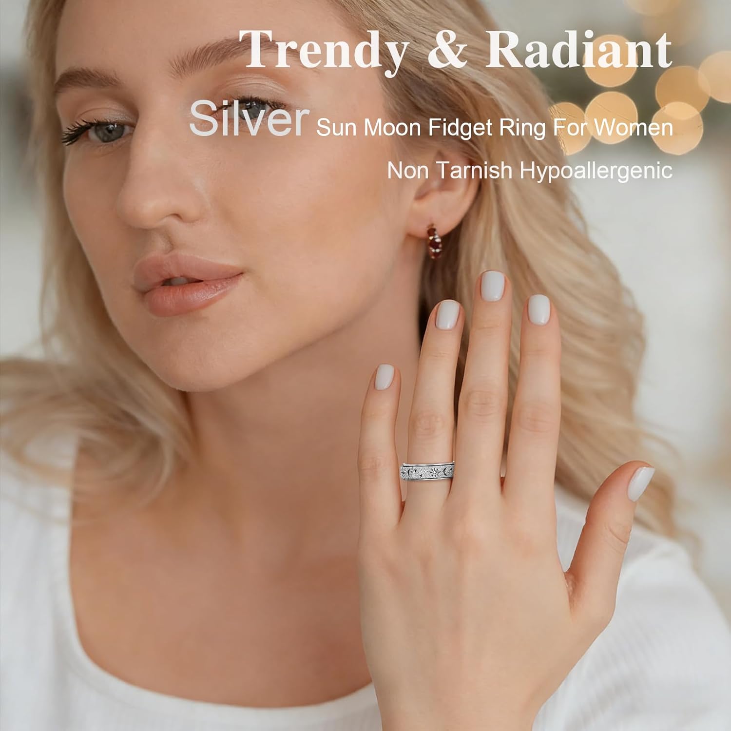 OreilleStar Fidget Anxiety Ring for Women: Sun Moon Star Symbols Stress Relief Thumb Spinner Ring Stainless Steel Toys Adults Gift for Men Silver Gold Plated Size 5-12 - Image 4