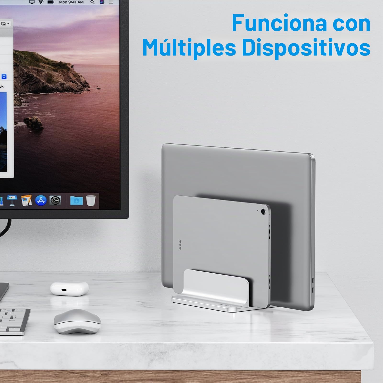 OMOTON [Versión actualizada de Doble Soporte Vertical para Ordenador portátil, Doble Soporte de Escritorio con Base Ajustable (para portátiles de hasta 17,3 Pulgadas) para Todos los MacBook Air/Pro