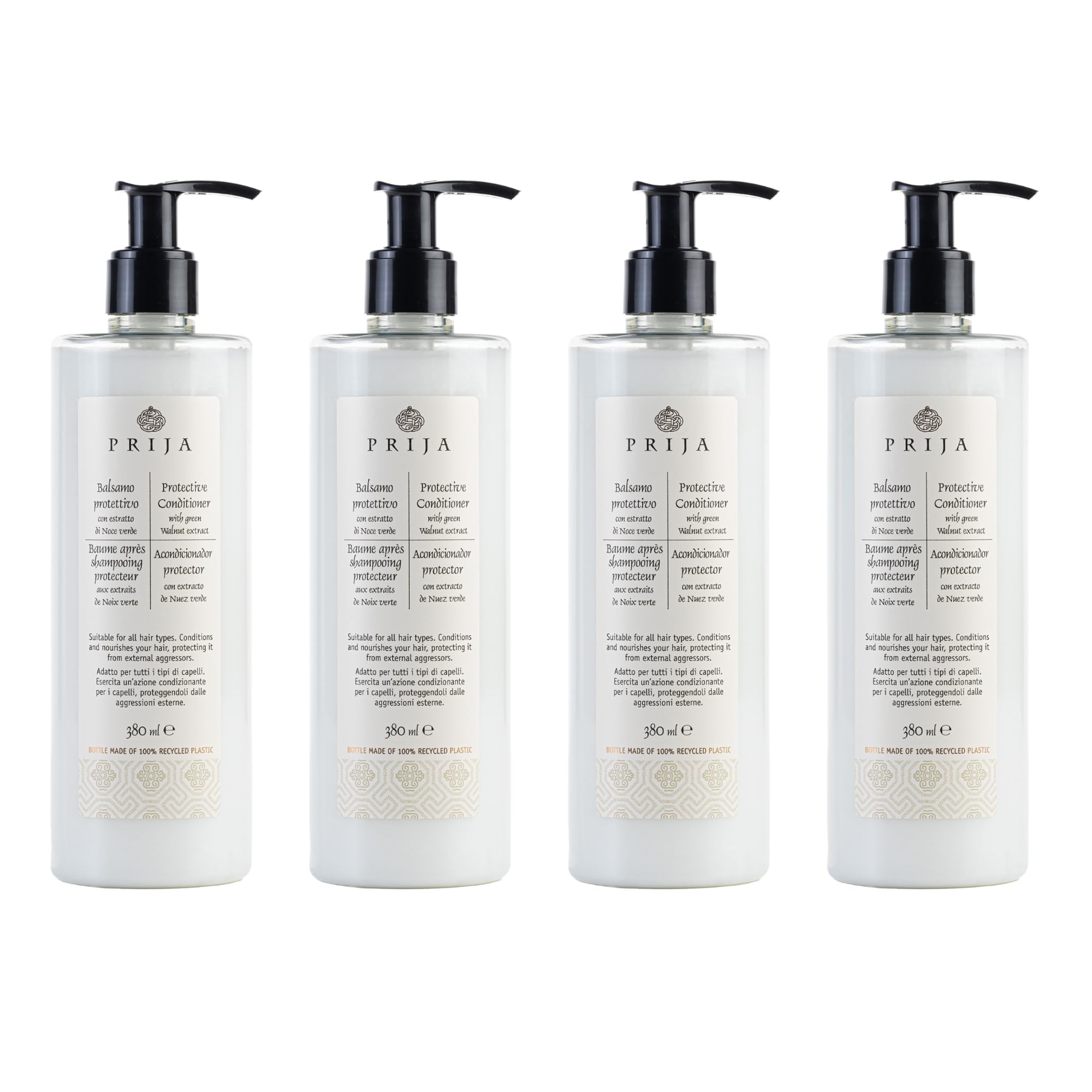 Prija Protective Hair Conditioner with Green Walnut Extract 4x 380ml | Conditions and Nourishes Hair. Protects from External Aggressors. For All Hair Types. With Pump Dispenser.