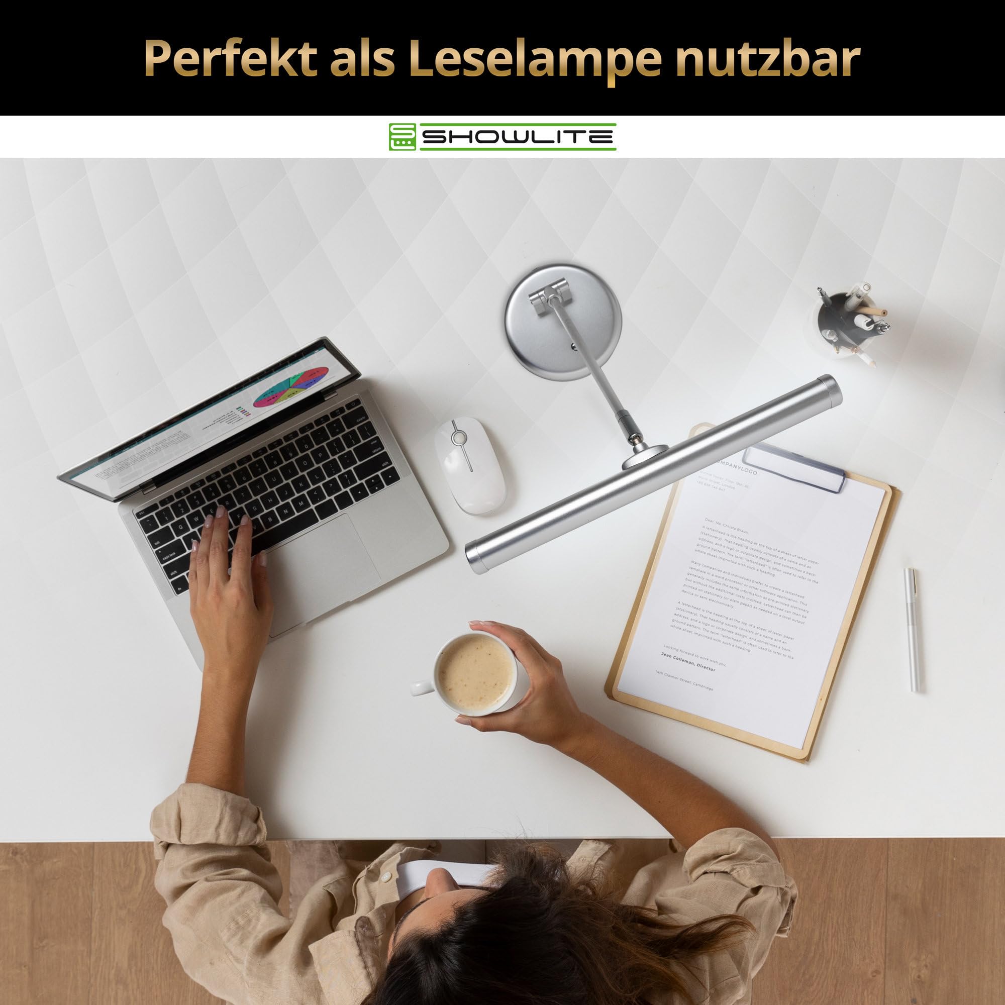 Showlite PL-1-SL-KW LED Klavierleuchte - Klavierlampe mit 15 LEDs - kaltweißes Licht in 2 Stufen - 36 cm Höhe - Betrieb per USB, Netzstrom oder Batterie - silber matt