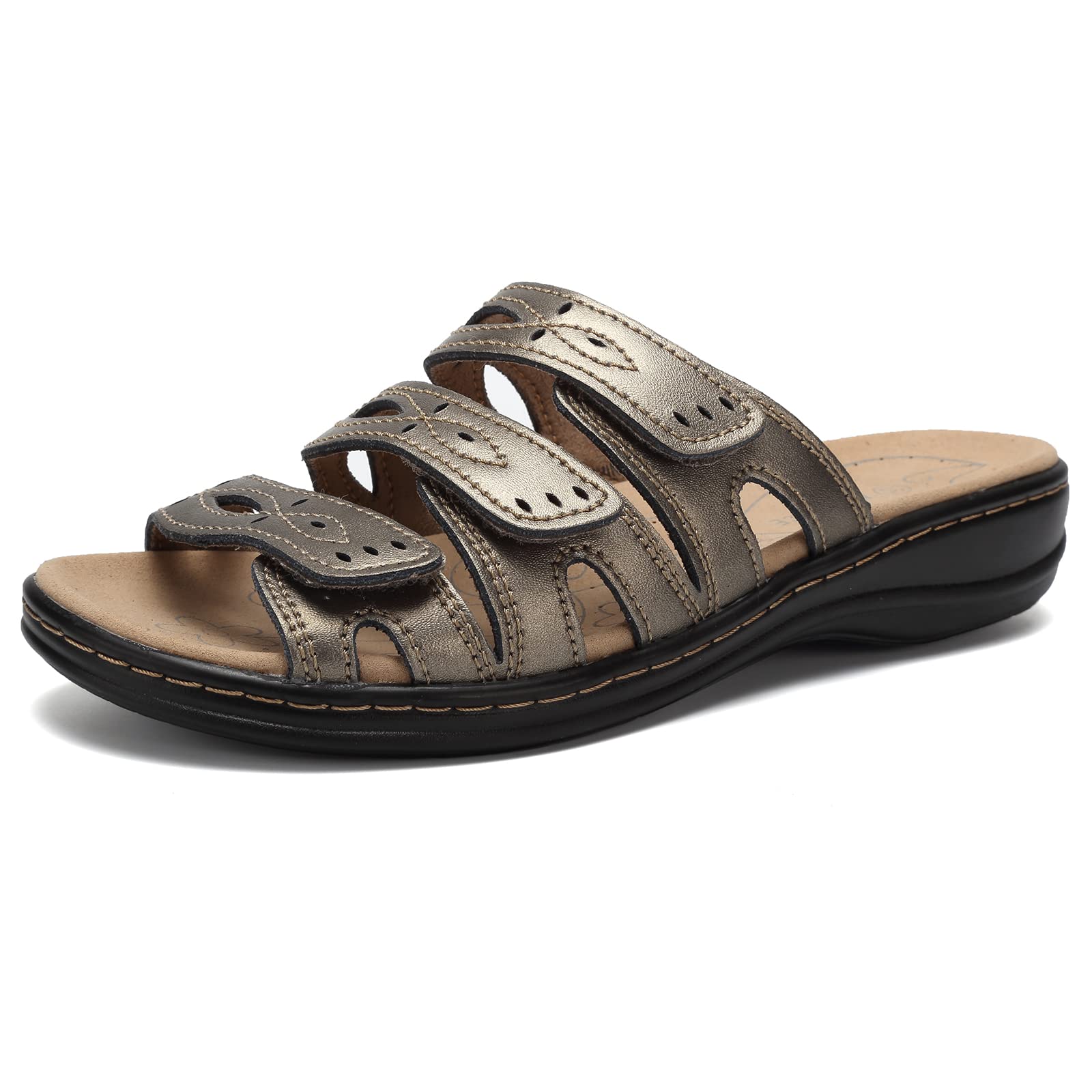 CIOR Women's Classic Leather Sandals, Black, Flat, Open Toe, Arch Support, Adjustable Strap, Casual, Water Resistant, Perfect for Beach, Street,