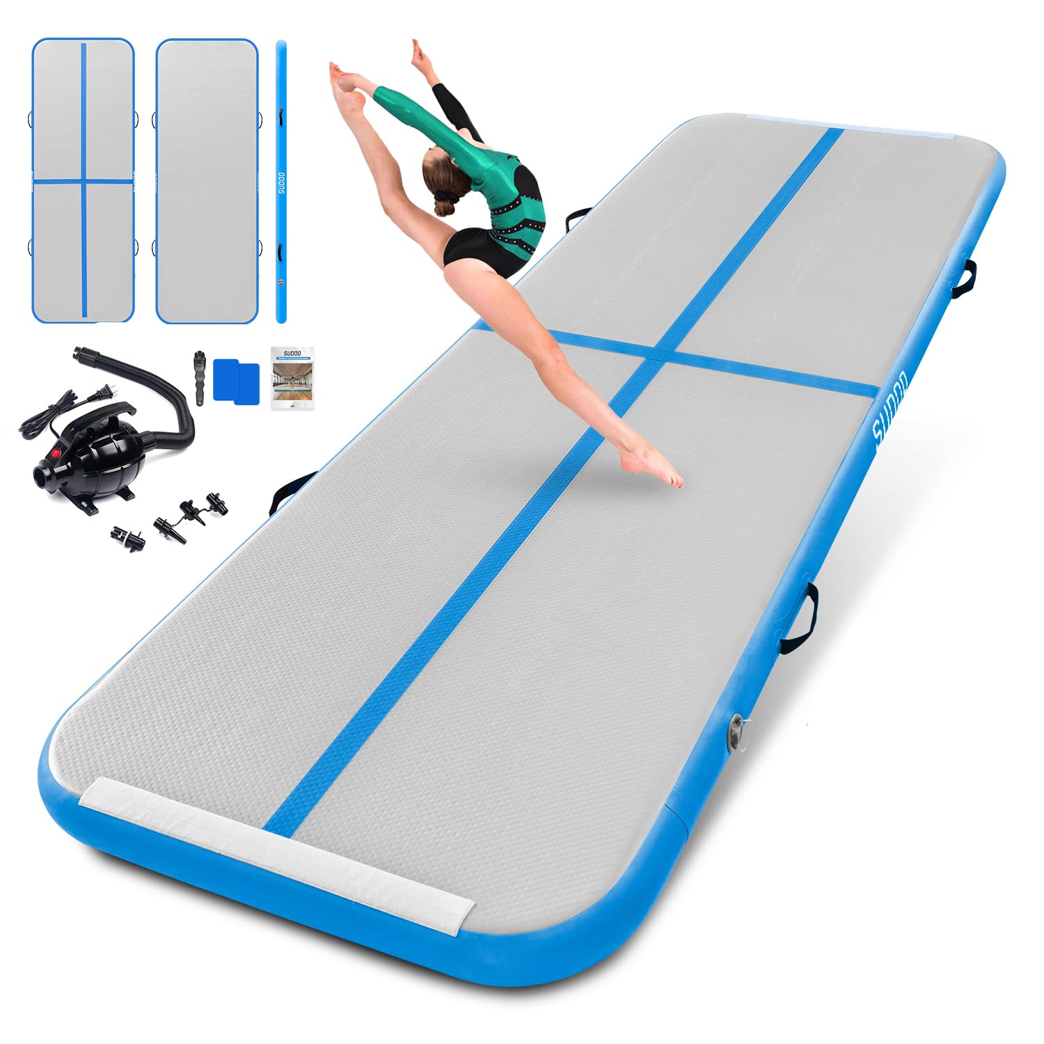 Gymnastics Air Mat 8.2ft/10ft/13ft/16ft Inflatable Air Tumble Track Mat 4" Thick Tumbling Mat with Pump for Home Training Tumble Yoga Cheerleading Parkour Beach Water Activities Use