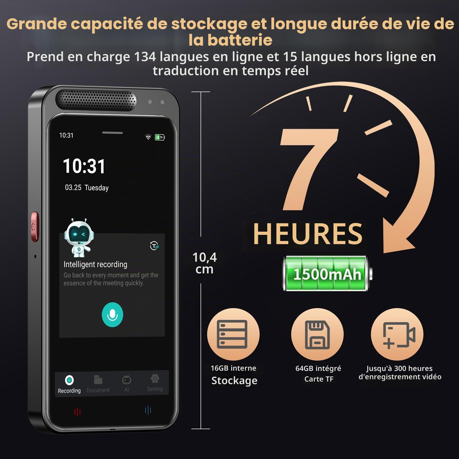Dictaphone numérique avec fonction d'écriture IA et résumé, traduction en ligne, travail hors ligne de 134 langues, enregistreur vocal AI 80 Go pour conférences, réunions