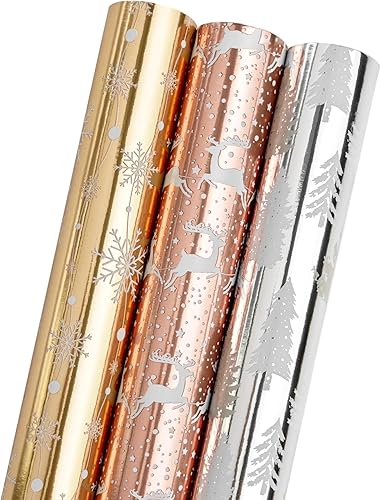 LDGOOAEL Mini rollo pequeño de papel de regalo de Navidad con líneas de corte en el reverso (17 x 120 pulgadas por rollo), color dorado plateado