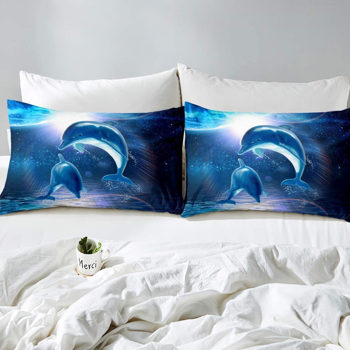 Loussiesd Galaxy Bedding Set Dolphin Comforter Cover for Kids Adult Ocean Marine Themed Duvet Cover Sea Creatures Bedspread Cover Starry Sky Blue Brigh Room Decor 3Pcs with 2 Pillow Case Super King - Image 3