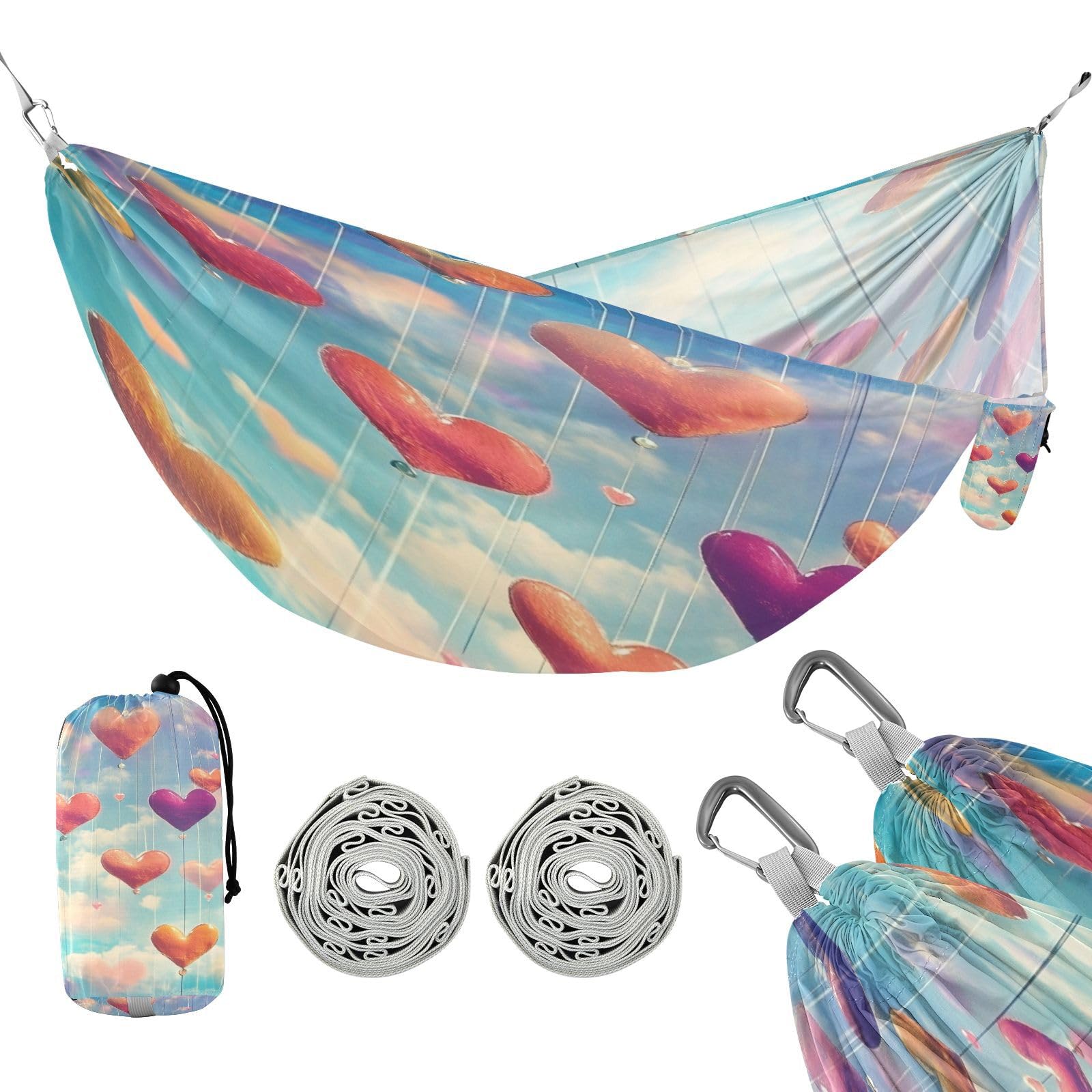 Haskirky Watercolor Heart Camping Hammock, Single Portable Hammocks with Tree Straps & Attached Carry Bag, 330Lbs Capacity Perfect for Outside Indoor Hiking Beach Backpack Travel