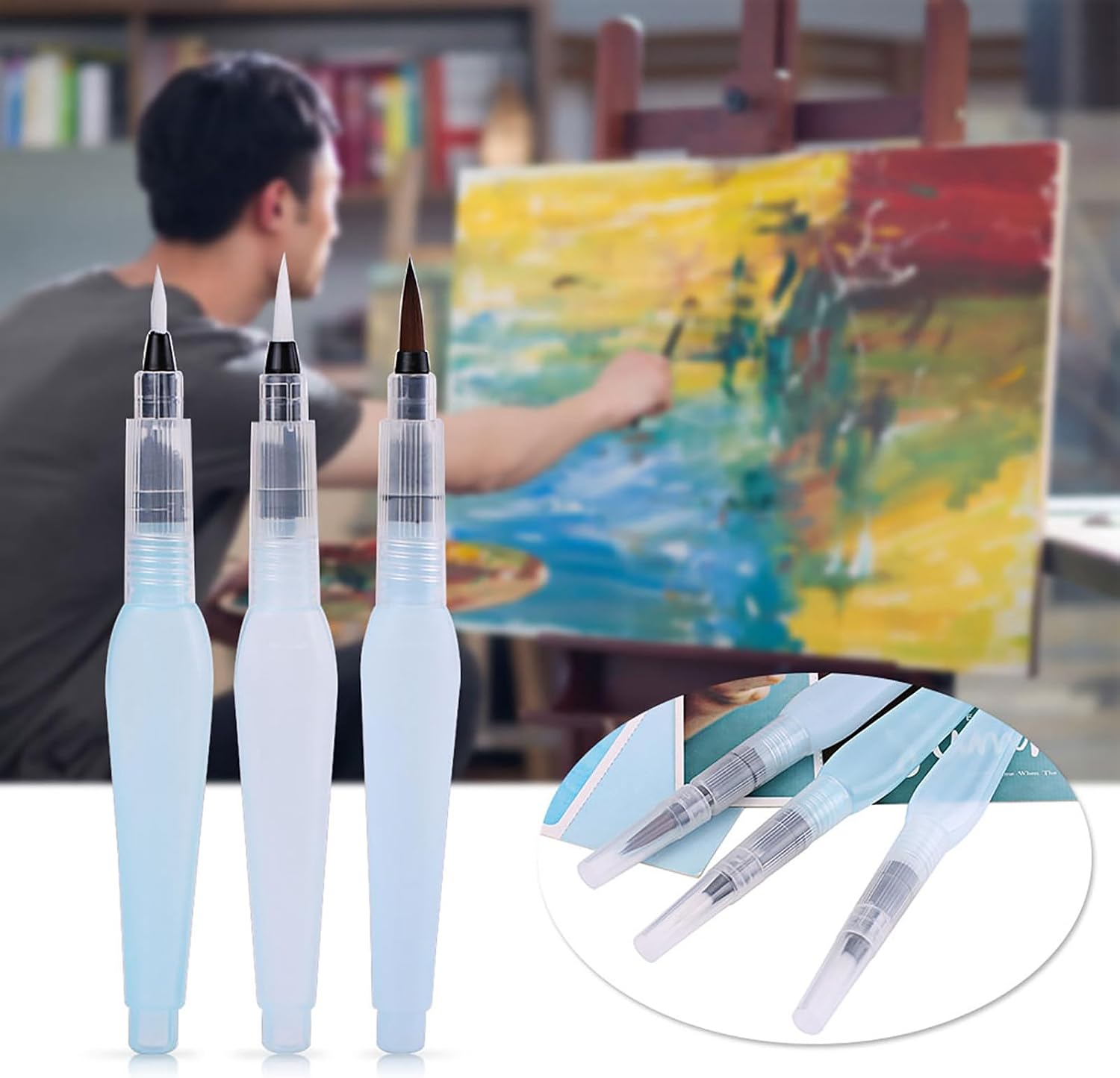 3PCS Water Brush Pen, 155mm/6.10Inch Replaceable Refill Watercolor Brush Pens, Water Brushes for Mixing Colors in Watercolor Painting