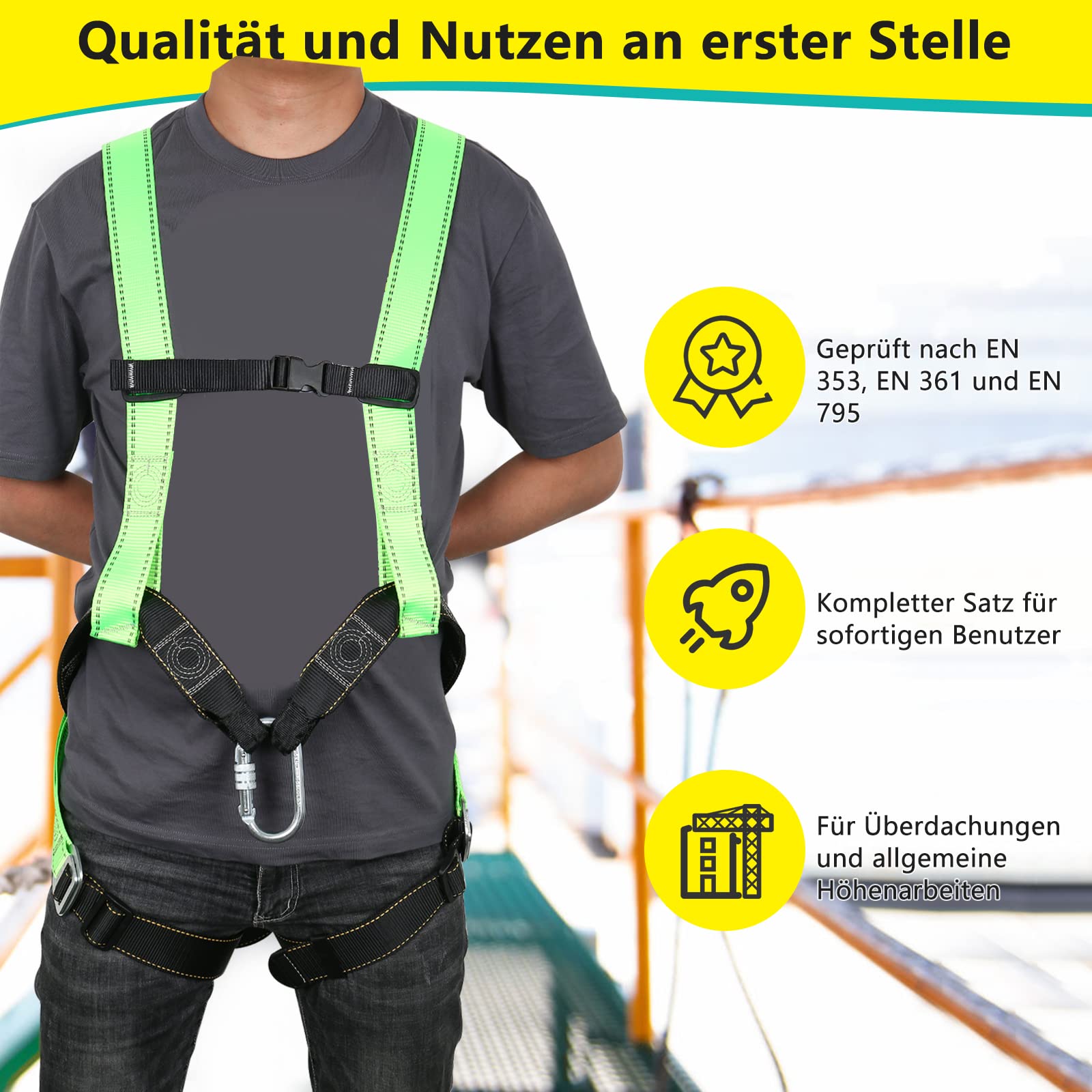 Fallschutz Auffanggurt,Sicherheitsgurt mit Karabiner Absturzsicherungsgerät für Arbeiten in der Höhe -EN 353/361 - bis 100 kg