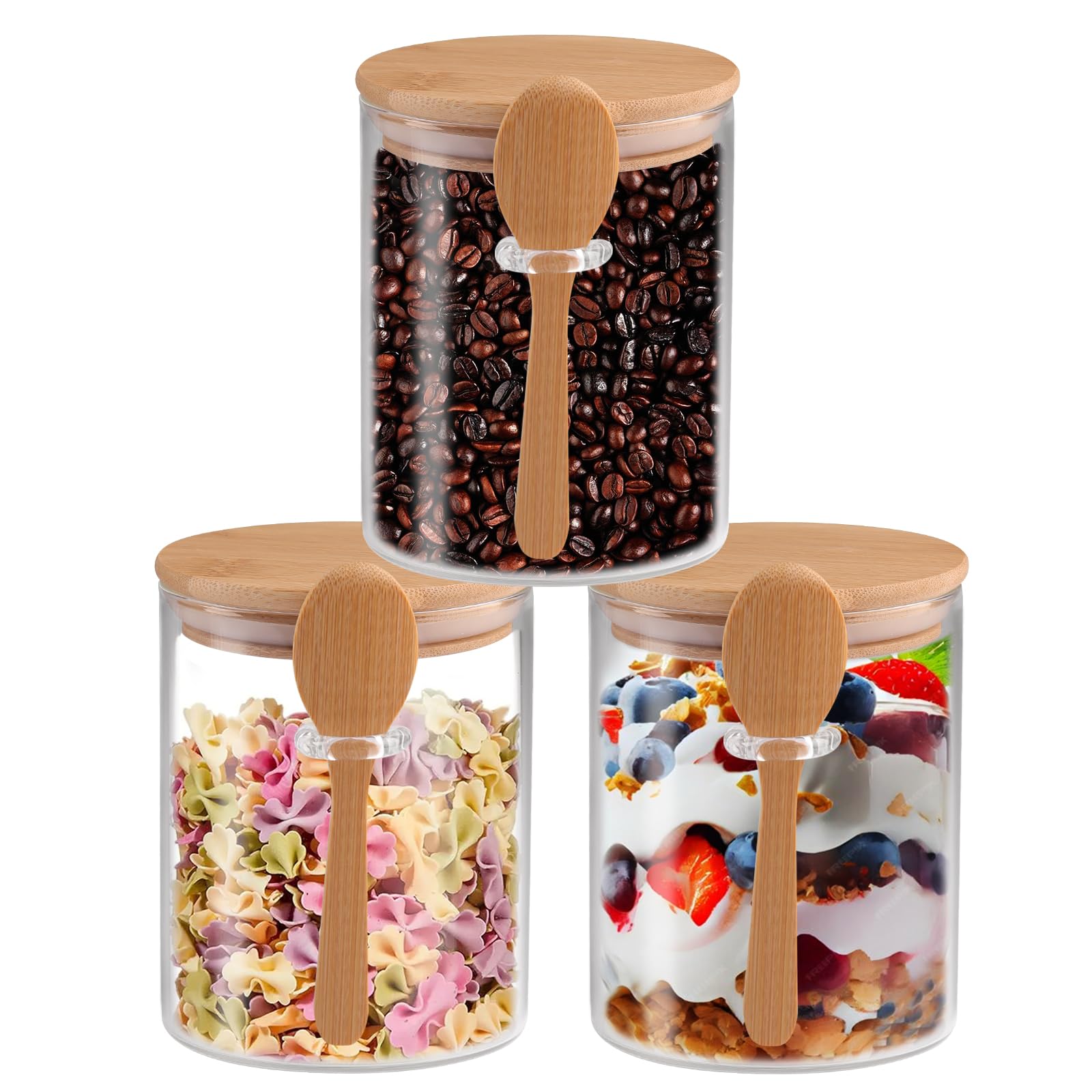 3 Pcs Glass Jars with Airtight Lid and Spoon, Overnight Oats Containers with Bamboo Lids, Glass Food Storage Canisters Yogurt Containers for Coffee Beans, Tea, Sugar, Nuts, Candy, Salts (20 Oz/600Ml)