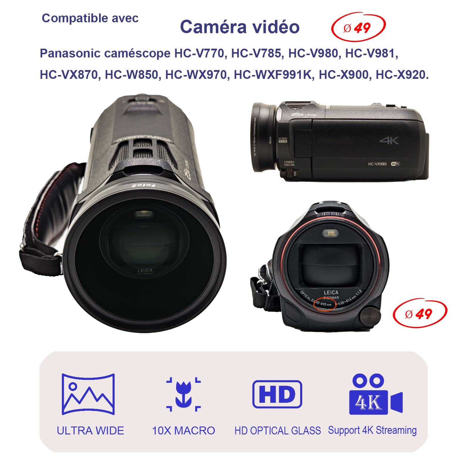 Objectif Grand Angle HD 49 mm 0,75x (avec Macro), pour Canon EOS M6 M50 Mark II M100 M200 Compatible EF-M 15-45 mm, R50 R100, Compatible RF-S 18-45 mm