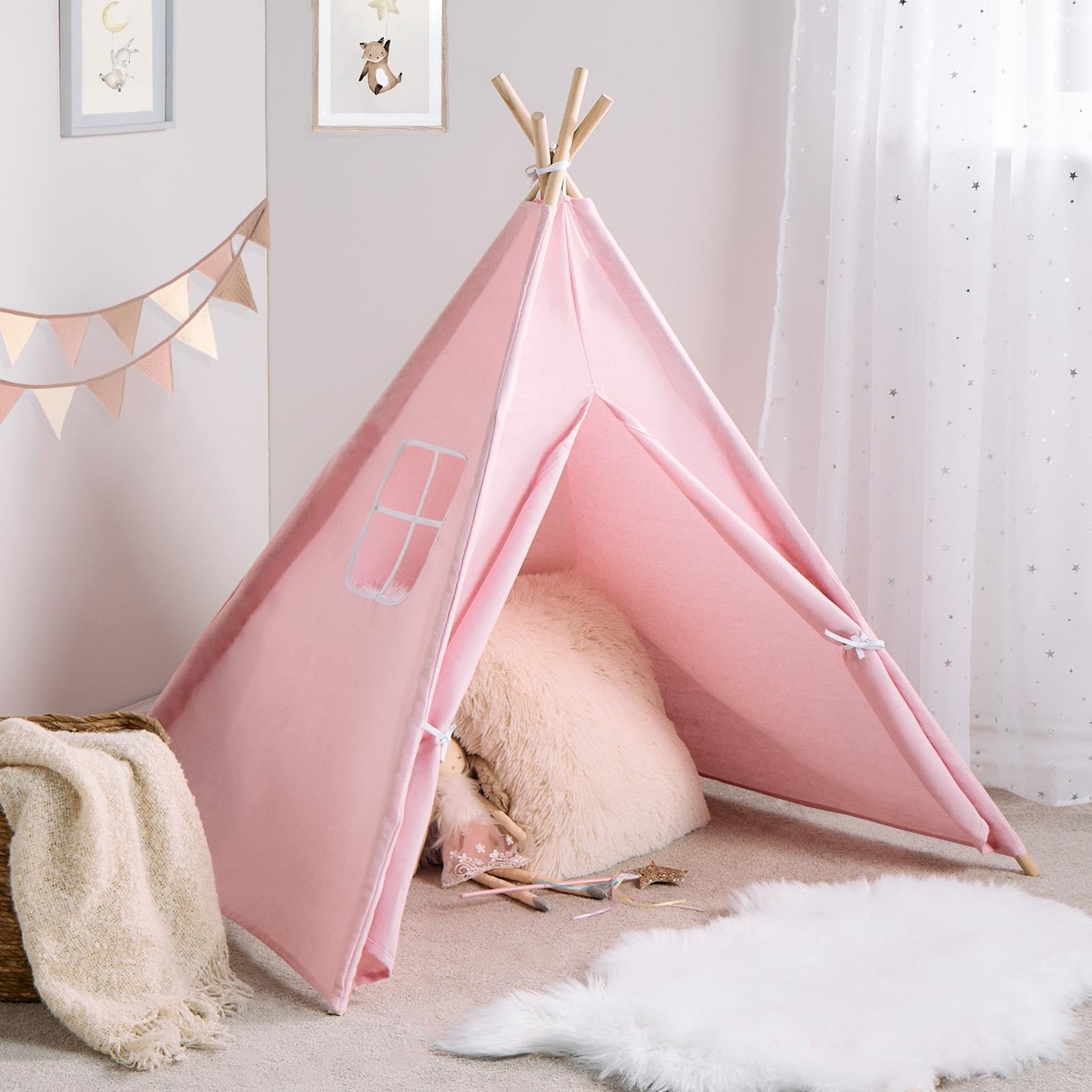 OHS Teepee Tent for Kids, Foldable Play Tent Easy to Assemble Indoor Outdoor Children Teepee Tents for Sleepover Reading Nook Portable Garden Beach Canvas Playhouse with 4 Wood Poles, Pink