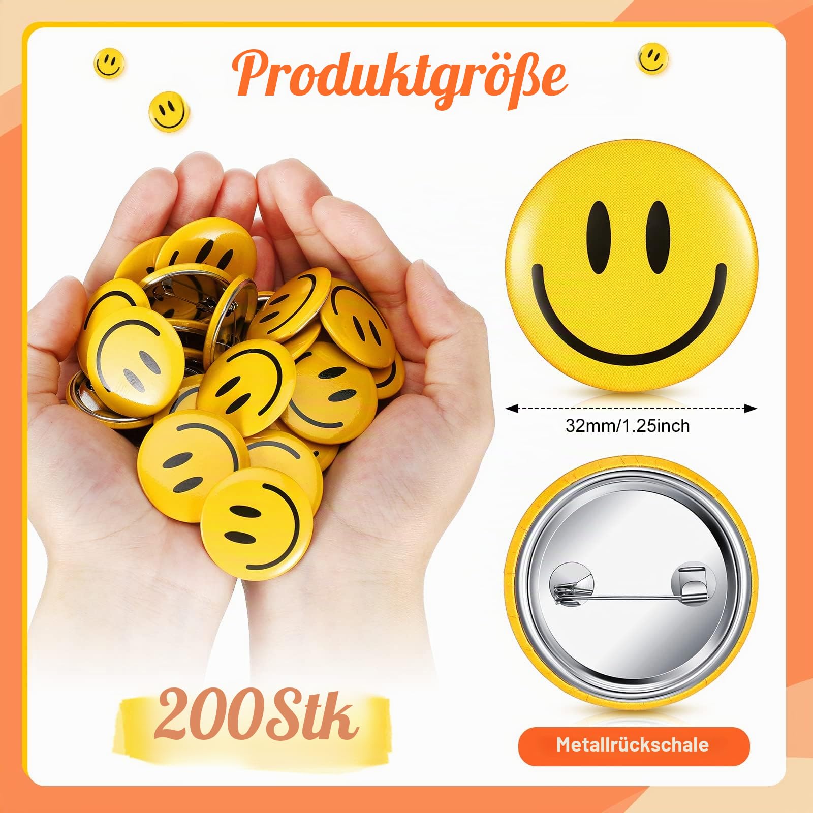 200 Stück Happy Smile Face Button Pin Retro Pinback Buttons Badge Classic Smile Face Pin für Rucksäcke Zubehör Damen Neuheit Knöpfe und Anstecknadeln, 3,2 cm Durchmesser