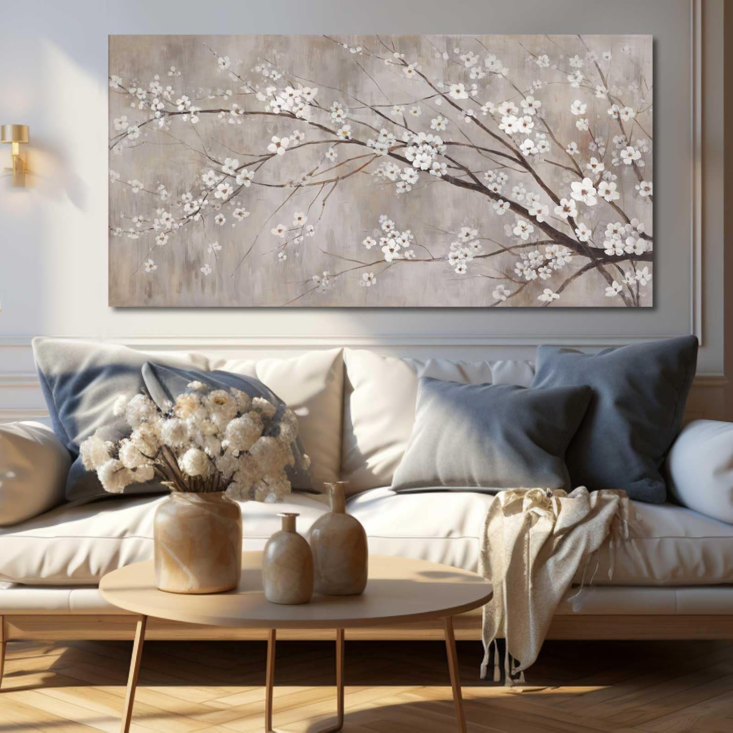 XIANSHOU Flower Wall Decor White Flowers Blossom Canvas Picture Plant Wall Decor Contemporary Art Painting for Living Room Office Bedroom Hanging Wall Decor 24x48 Inchs 24x48 Beige