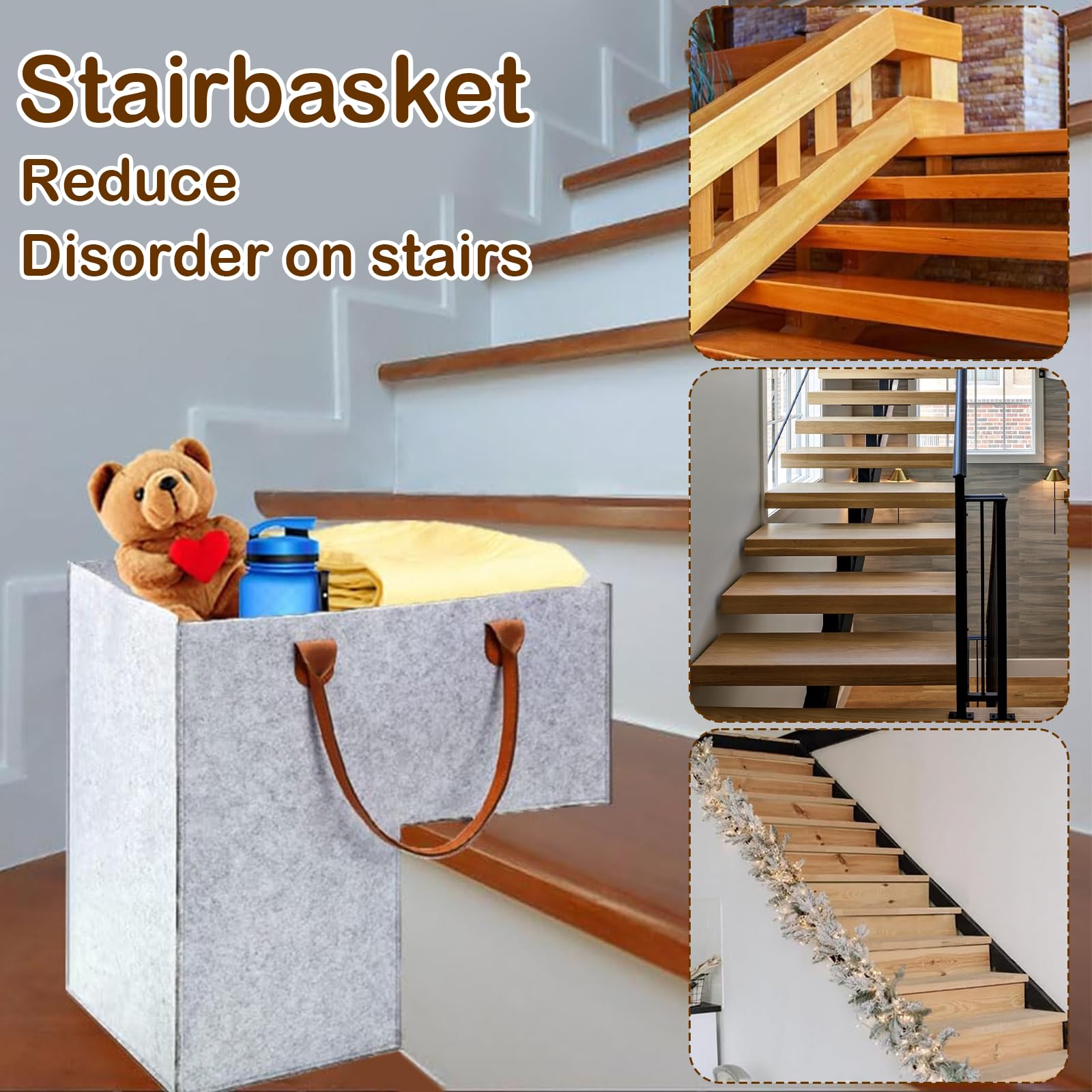 Cestas de Escalera de L Cesta Organizadora de Escaleras de Fieltro 41 x 26 x 41 cm Cesta para Escaleras con Asas para Almacenamiento, organizadores, decoración del hogar (gris)