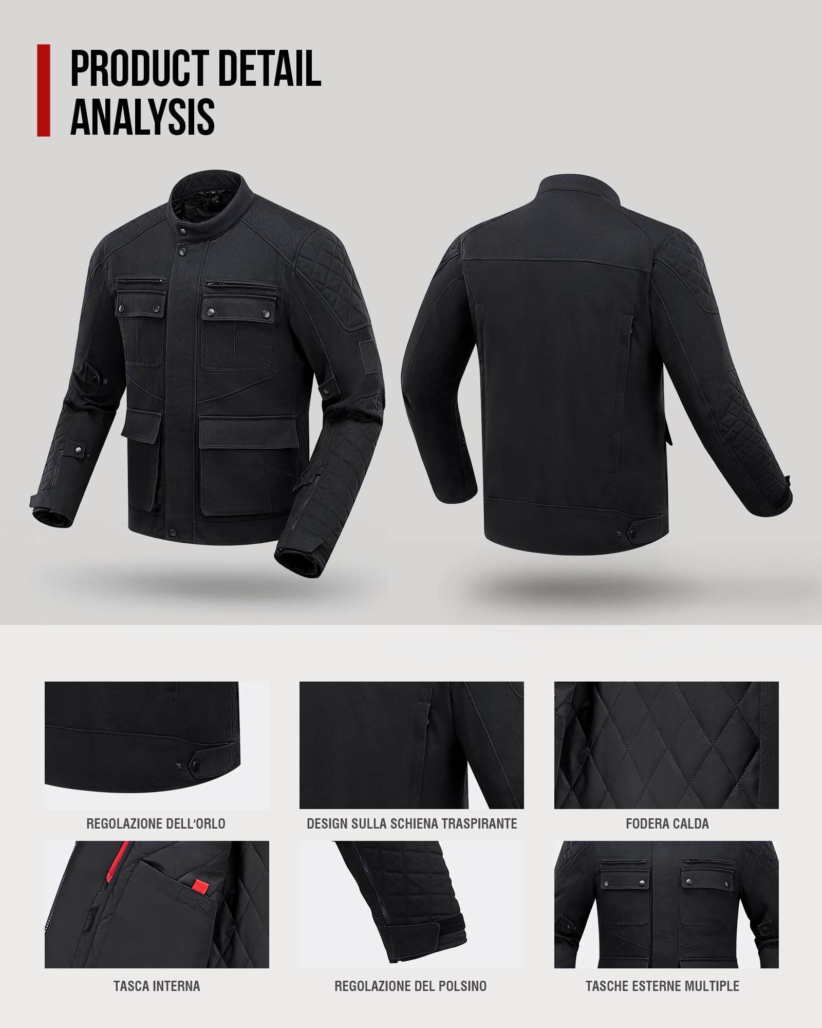 RIDEIRON Chaqueta Moto Hombre Invierno Protección CE Forro Extraíble Equipo de Protección Moto Casual Vintage Negro