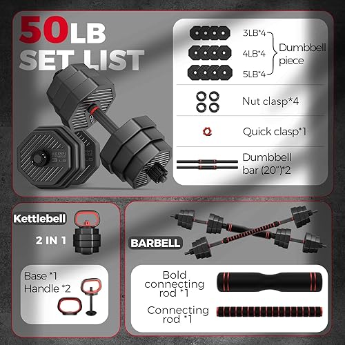 Miniatura 7 de KeppiFitness Adjustable Dumbbell Set, 30507090 lb Free Weight Set with Connector Bar, 4 in 1 Workout Gear with Dumbbell, Kettlebell, Barbell, Push