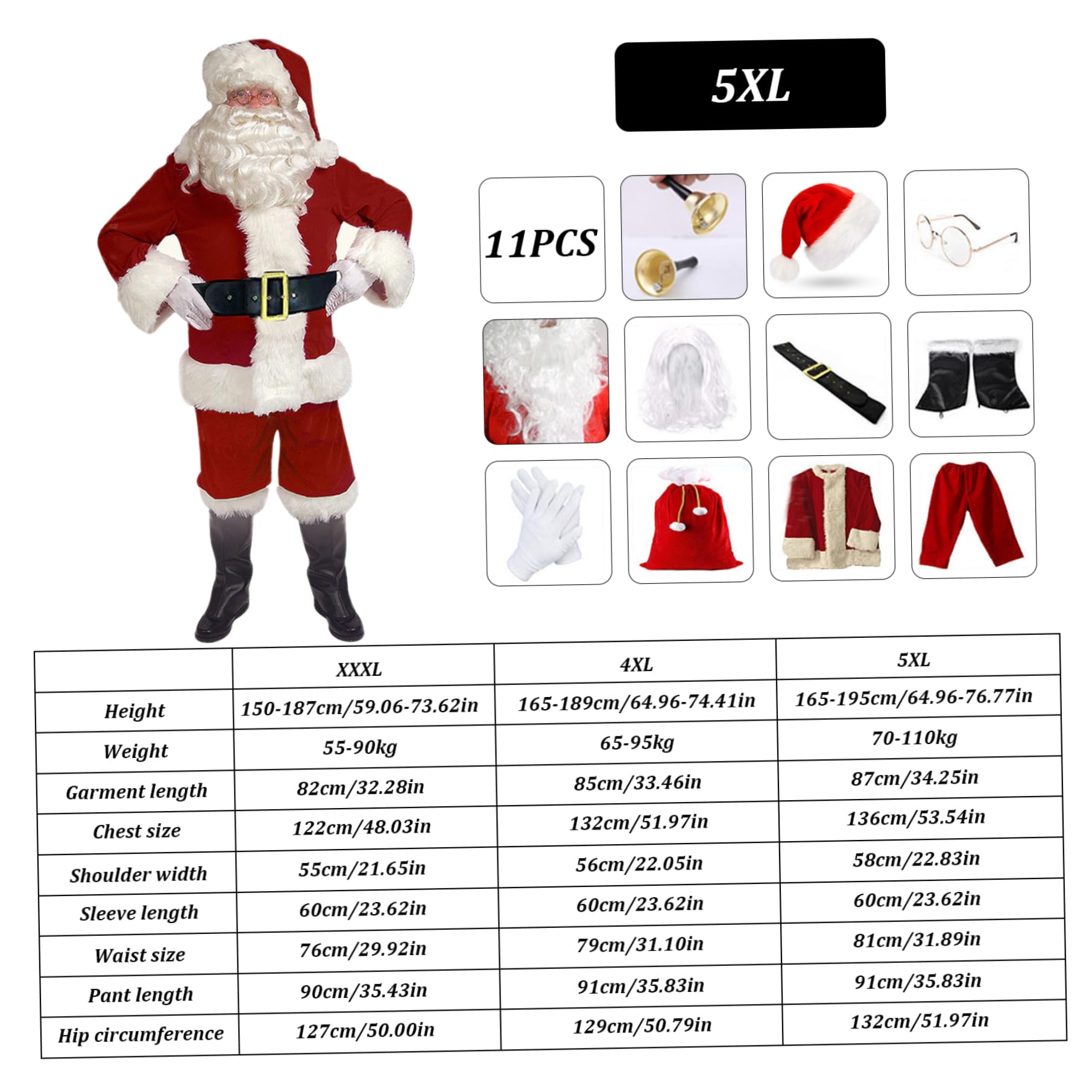 Costume de Père Noël 11 pièces/ensemble tenue de Père Noël pour hommes et femmes, costumes comprenant une veste, un pantalon, un chapeau, une perruque, des lunettes, des gants, cloches
