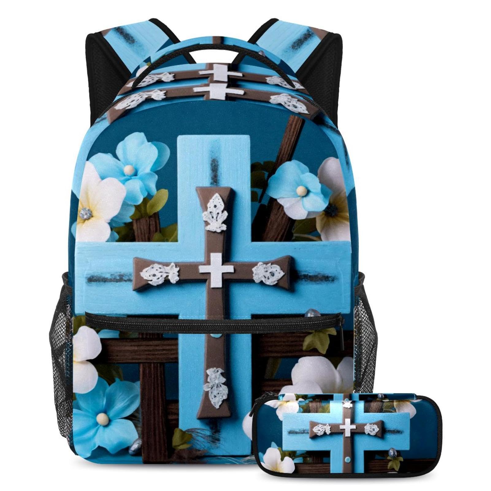 Sac à dos avec trousse à crayons filles garçons croix bleue de Pâques école
