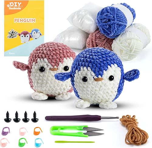 kennifer Kit de ganchillo para principiantes y niños, juego de 2 lindos pingüinos con tutoriales de video paso a paso, kit completo de ganchillo