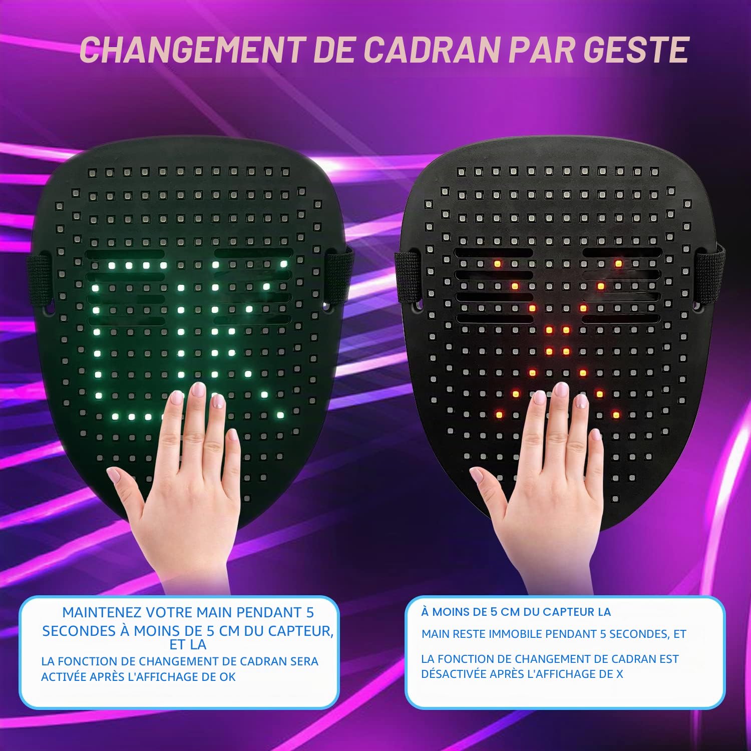 Depointer Life Masque LED avec détection de geste, masque transformant le visage à LED pour costume de cosplay, fête, bal masqué