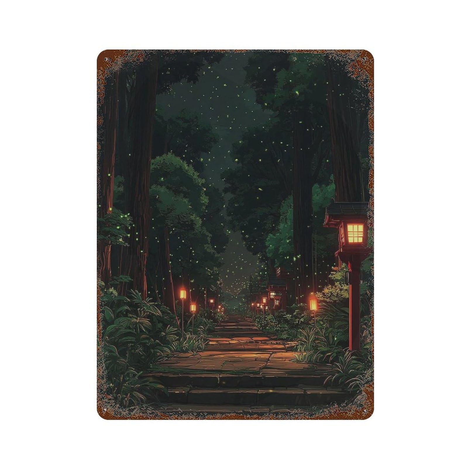 xiaoxiaoshen Japanese Forest Path Night Lantern Landscape in Detailed Style Wall Decor Art Metal Tin Poster Modern Home Decor Art Home Bar Shop Decorations Vintage Sign 40x30cm