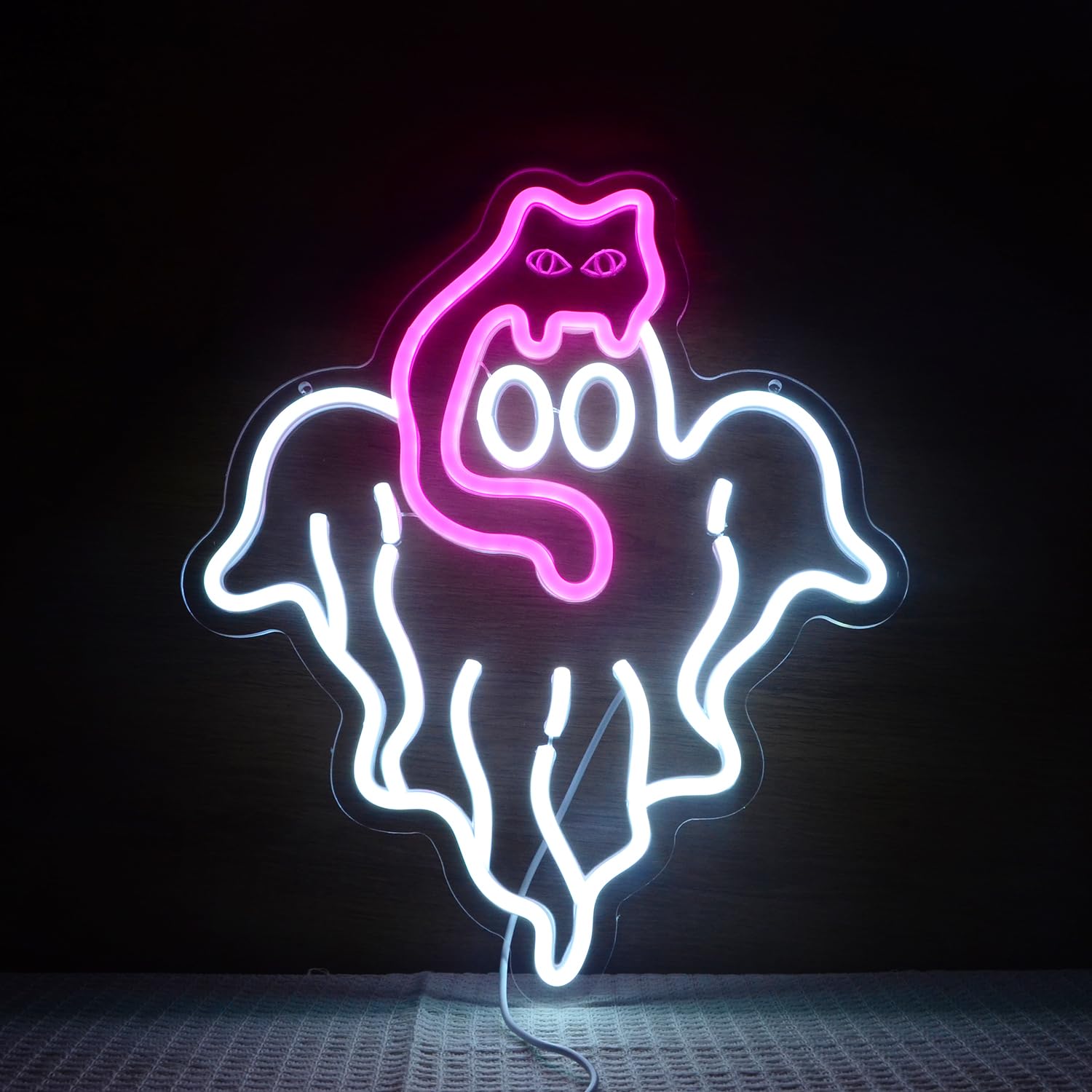Cat Ghost Halloween Neon Sign Pink Cat Rides on The Ghost Head’s Neon Lights Scary LED Lamp for All Saints' Day Party Wall Decor Funny Neon Light Sign Gift for Kids Children Friends Son Daughter