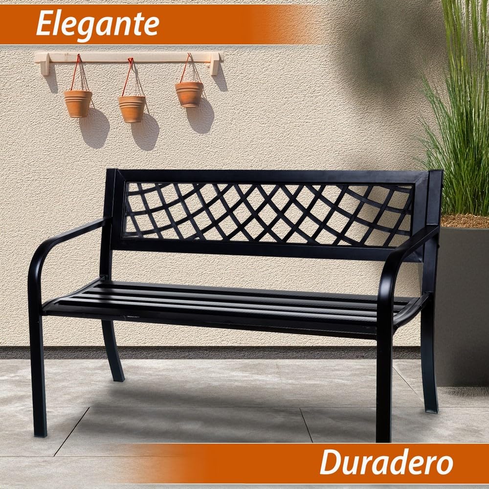 LOLAhome Banco de Jardín Acero Madera Nogal 2 Plazas 120x62x82 cm Respaldo Apoyabrazos Anticorrosión Exterior Negro