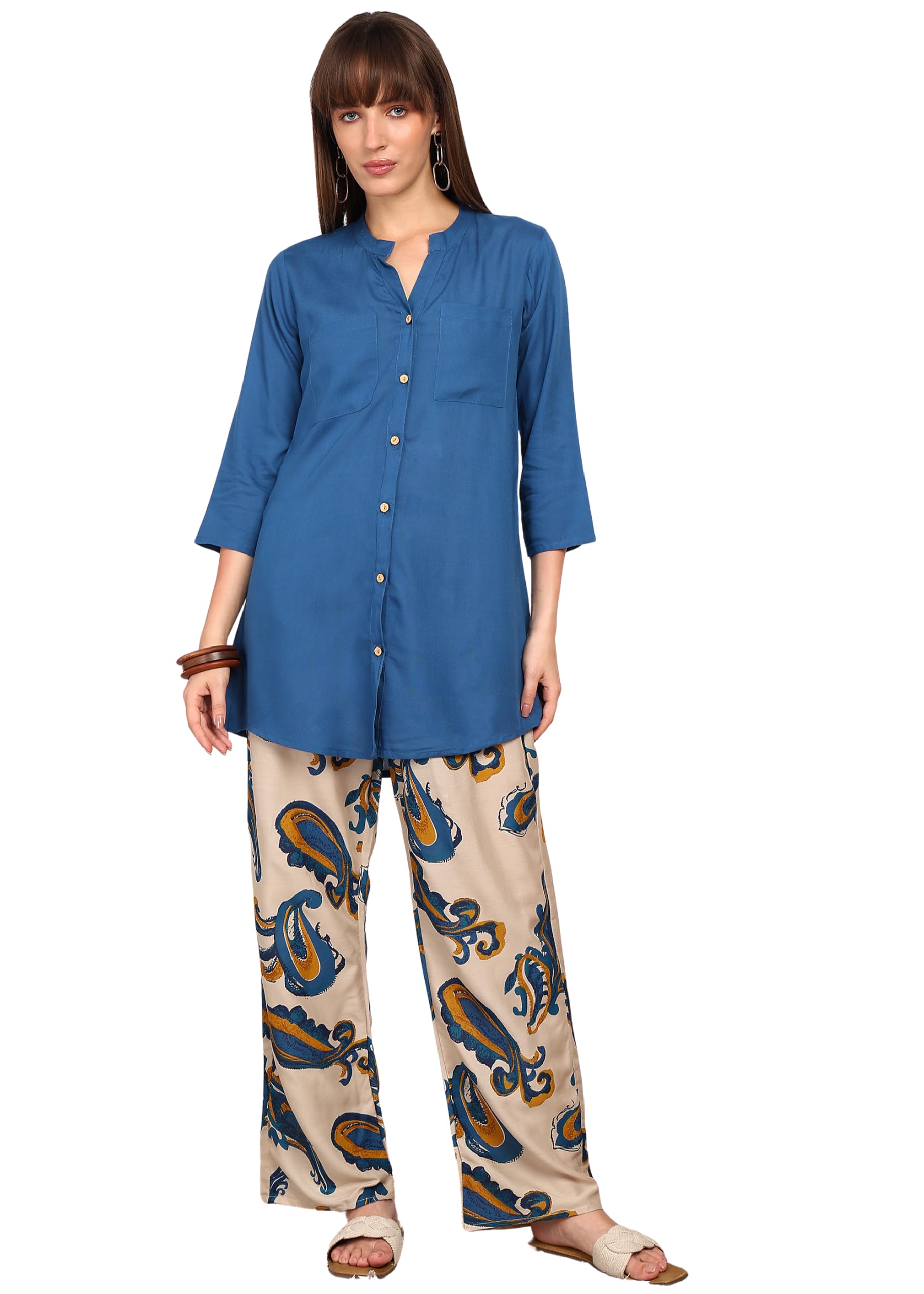wander theory Women's Blue Tunic & Printed Pant Co-ord Set | Viscose Rayon Casual Wear | Elastic Waist with Pocket-picture-26