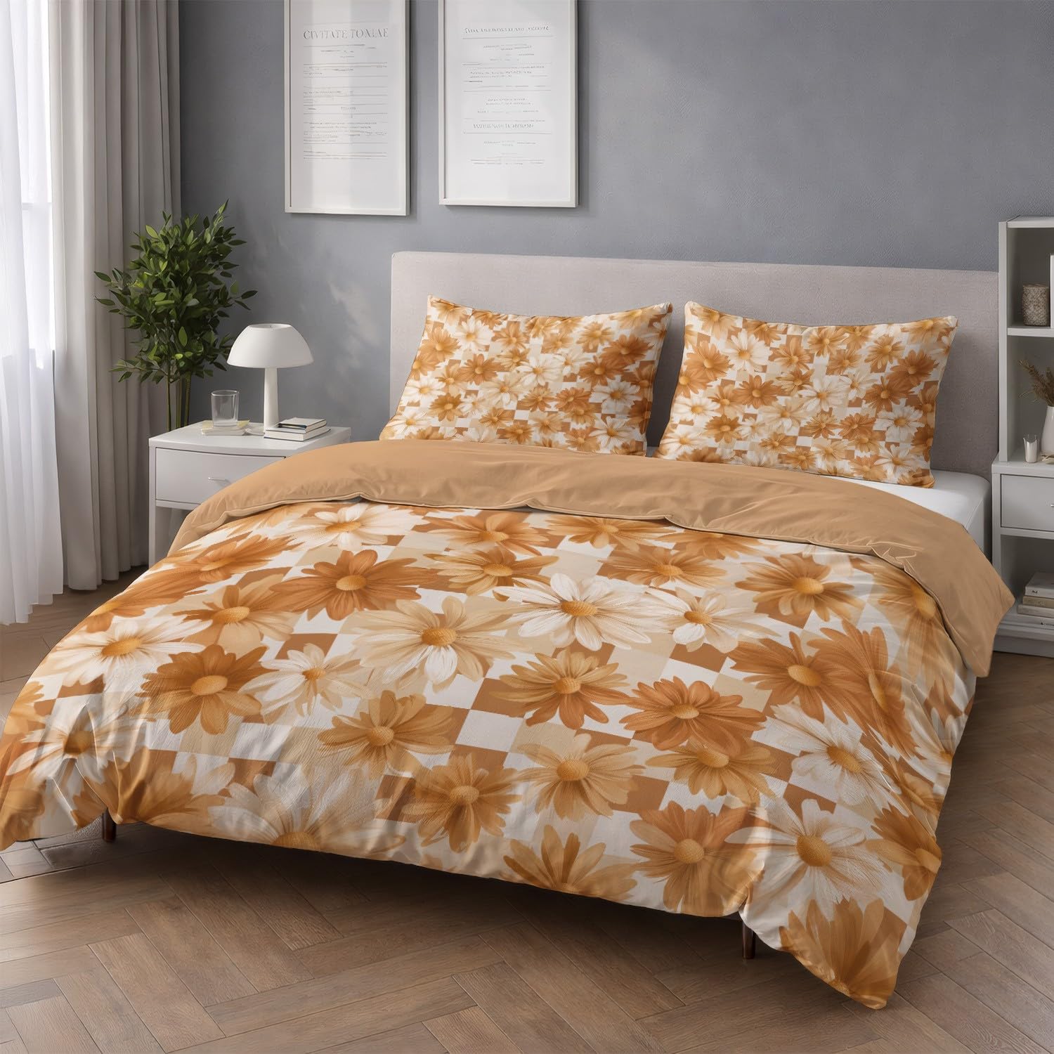 Generic Zestaw pościeli King 229 cm x 221 cm nowoczesny minimalistyczny kwiatowy wzór w kratkę poszewka na kołdrę ultramiękka mikrofibra oddychająca poszewka na kołdrę z zapięciem na zamek