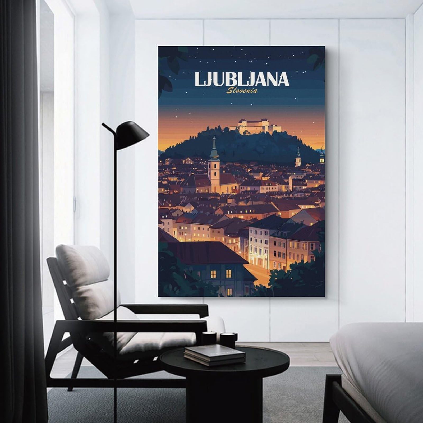 Junmoney Ljubljana Slovenia Cityscape at Night Hanging Wall Art, 24x36inch(60x90cm), for Lounge, Bedroom Or Personal Spaces, Gift Idea for Housewarming And Birthdays