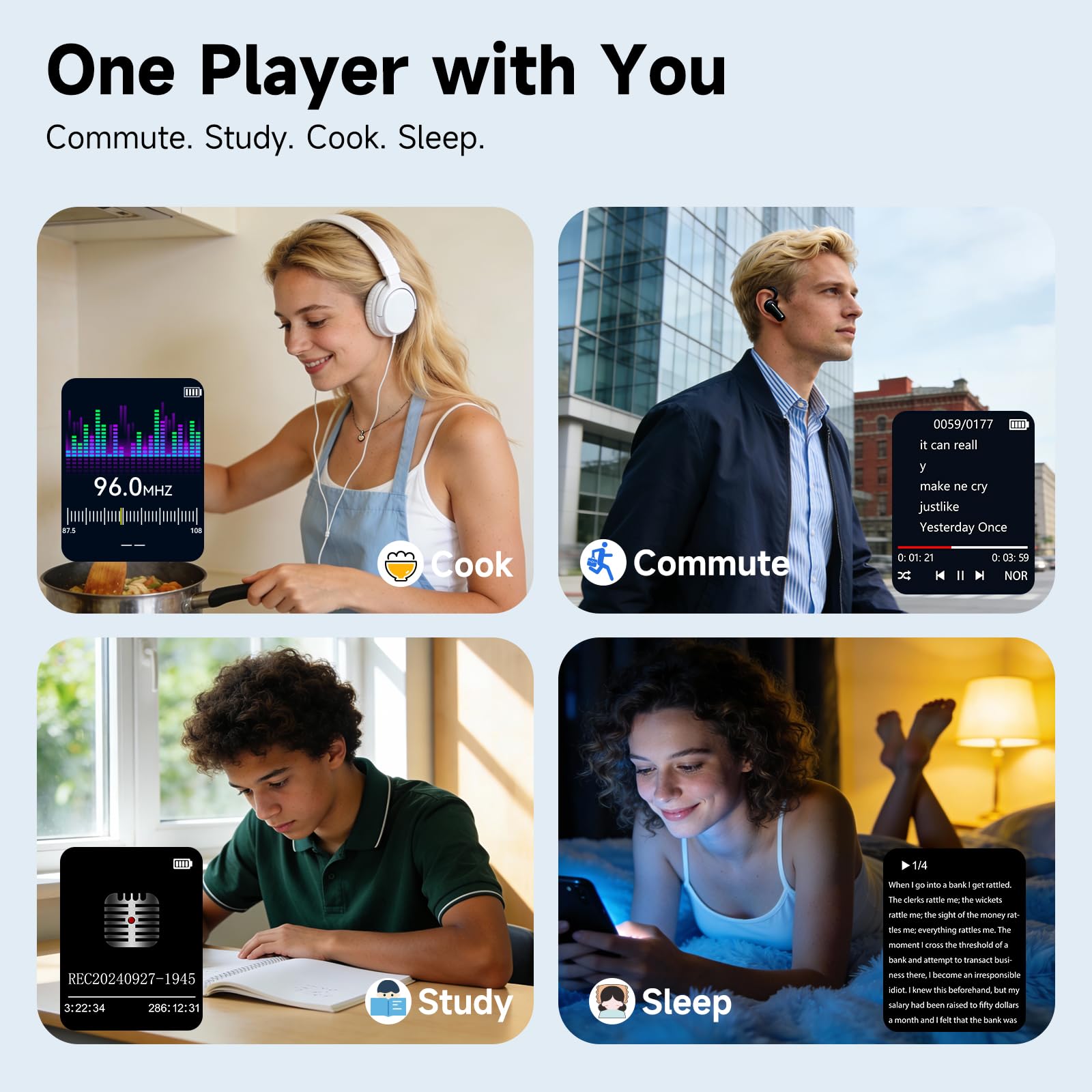 Lettore MP3 da 64 GB con Bluetooth 5.3, lettore musicale portatile con altoparlante integrato, lettore audio digitale per sport con funzione vocale, radio FM, supporta schede di memoria fino a 128 GB