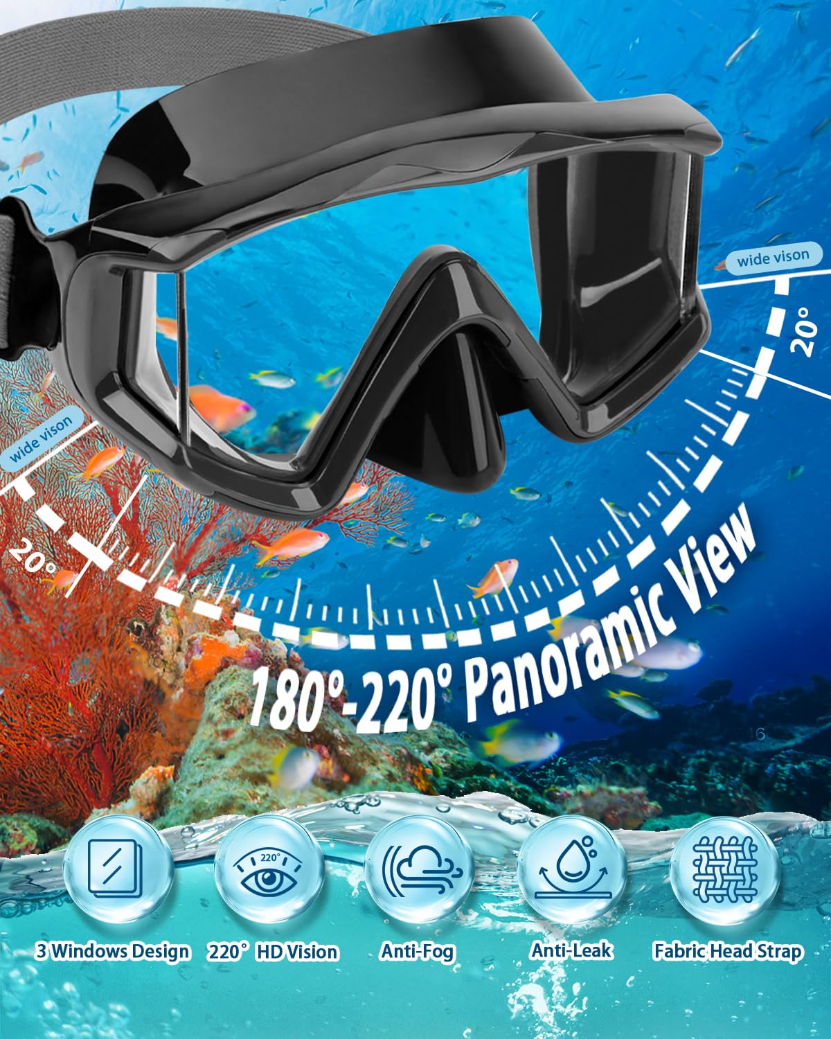 Attrezzatura da snorkeling per adulti e bambini, set da snorkeling a secco, lente in vetro temperato panoramica anti-perdita e anti-appannamento, set da snorkeling con cinturino regolabile con