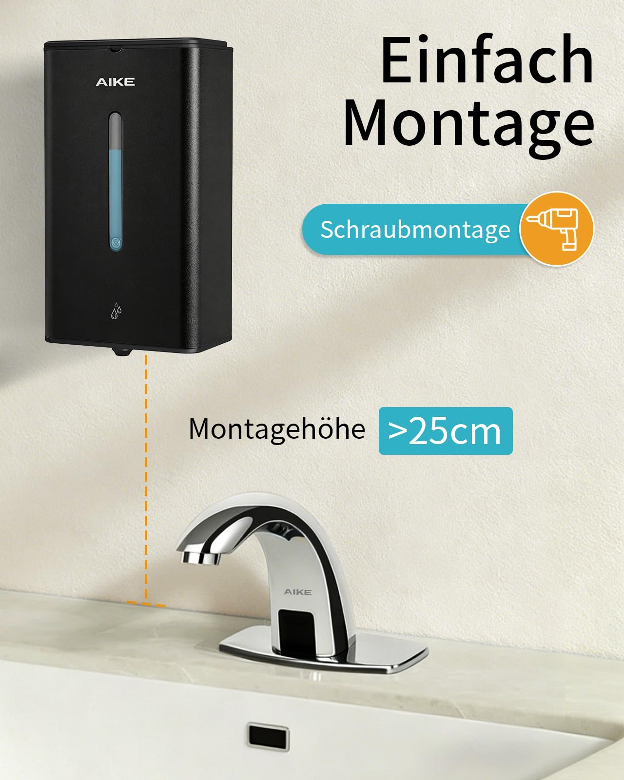 AIKE Square Automatischer Seifenspender Für Flüssigseife, 1000 ML Wandmontiert, Edelstahl-Optik, AK1207
