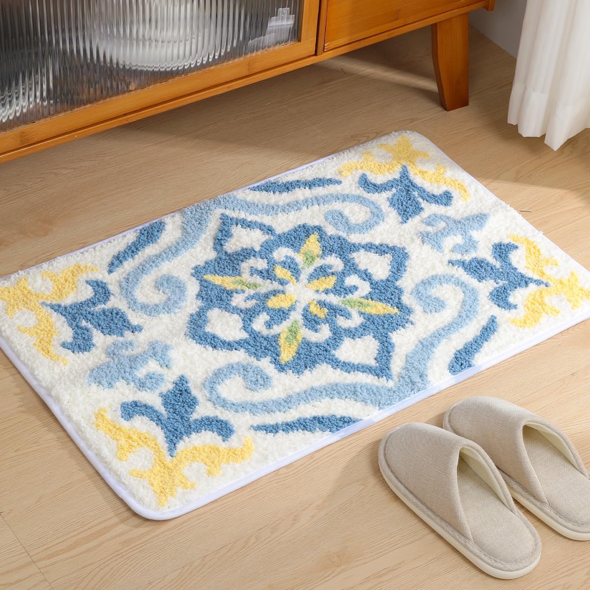 Vintage Floral Bath Rug Quick Drying and Non-Slip Bathroom Mat Soft Microfiber and Machine Washable Carpet for Bedroom, Living Room and Dining Room (31"x20", Blue)