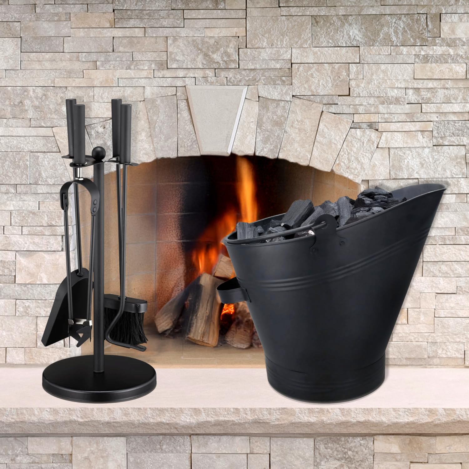 Homezone 5pc Fireplace Companion Set with Large Coal Scuttle Heavy Duty Metal Bucket Black Powder Coated Buckets Fireside Accessories Companion Sets for Log Burners Fireplace Tool Set โ image 1