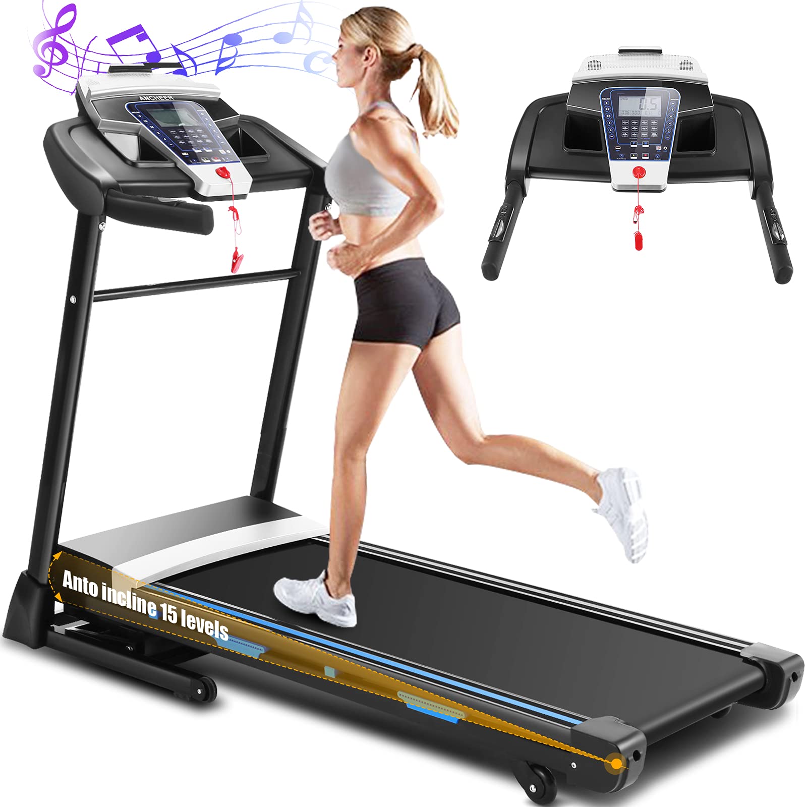 ANCHEER Treadmill with Automatic Incline, HP, 300 LB Weight Capacity,  Ultra-Wide Quiet Folding Treadmill for Home, Electric Running Treadmill