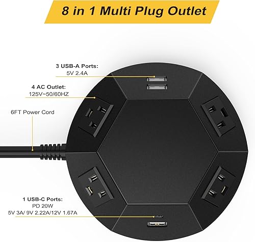 Miniatura 6 de Torre de regleta con puertos USB C PD de 20 W, protector de sobretensiones con 4 tomas de corriente y 4 puertos USB, cable de extensión de 6.56