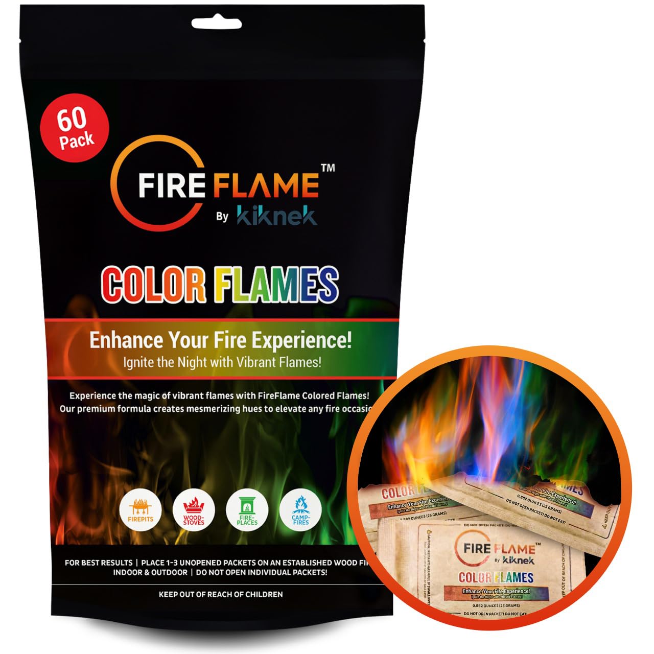 Fireflame Fire Color Changing Packets - Magic Colorful Fire Flames - 60 Pack - for Outdoor FirePit, Fireplace, Bonfire, Campfire, Camping Accessories for Kids & Adults