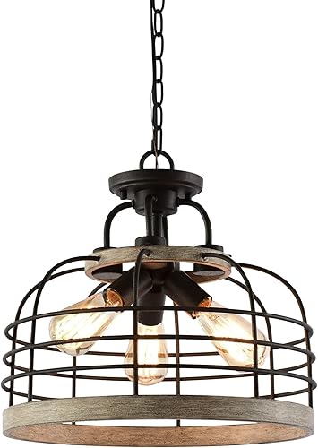 Kira Home Sawyer - Lámpara colgante de 17 pulgadas con 3 luces, industrial de granja, semi empotrada, con pantalla de jaula, estilo rústico de