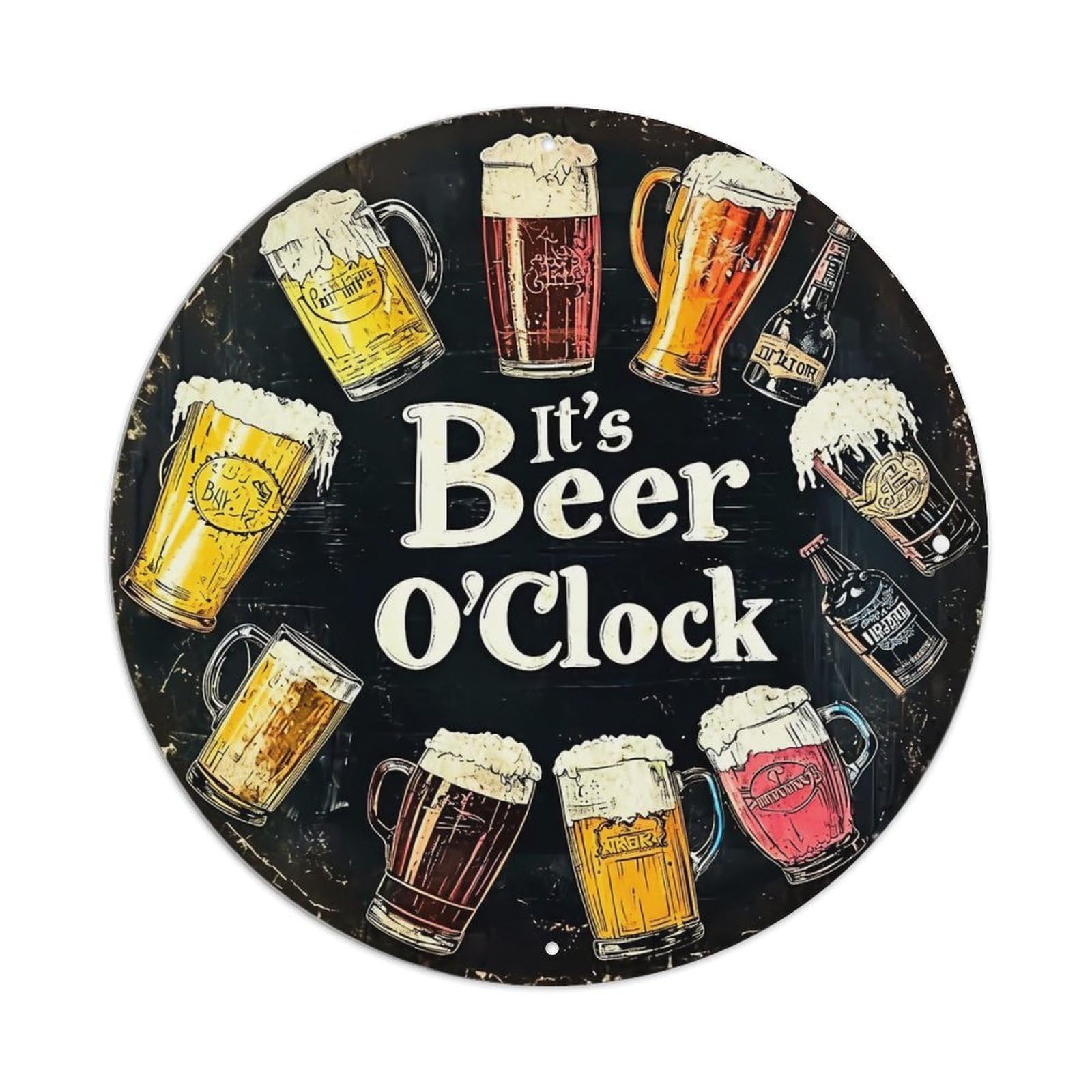 Beer O'Clock Mugs And Bottles Vintage Round Tin Sign Retro Metal Wall Decor Metal Poster, Home Bar Garage Cafe Wall Art Decoration 8x8Inches