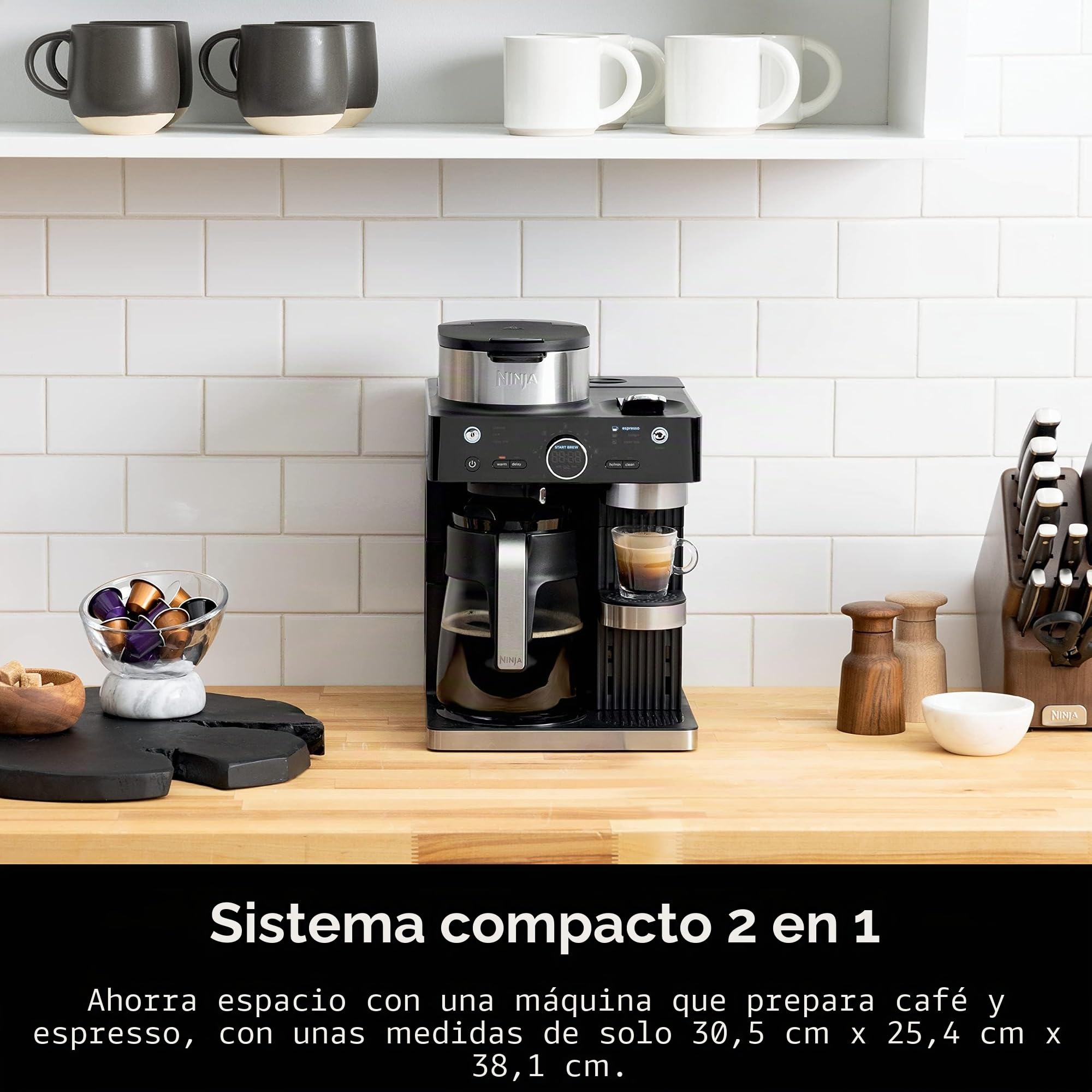 Ninja CFN601 Espresso & Coffee Barista System, 3 estilos de preparación de espresso, compatible con café de una sola porción y cápsulas Nespresso, jarra de 12 tazas, espumador integrado, máquina de