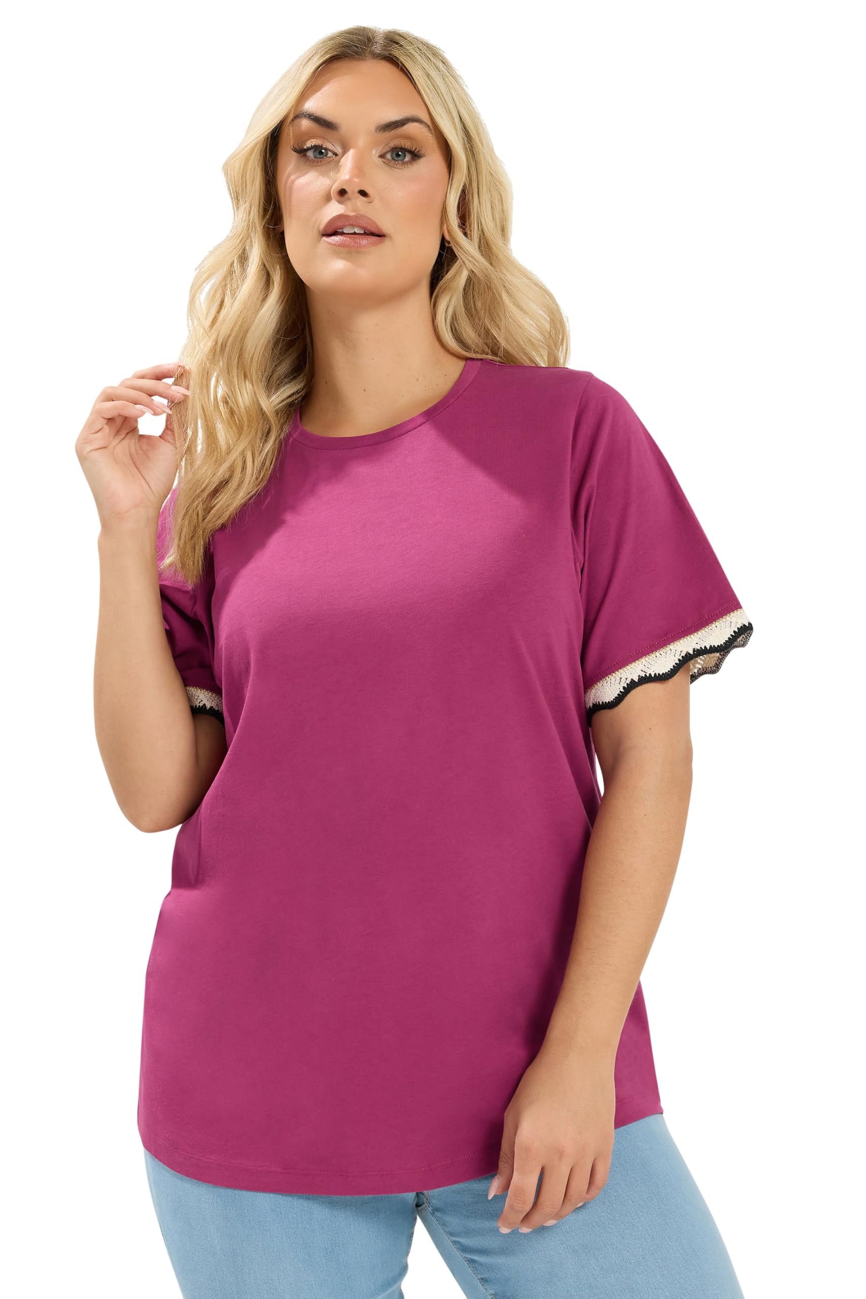 Yours Women's Magenta Crochet Trim T-Shirt In | : Size 18