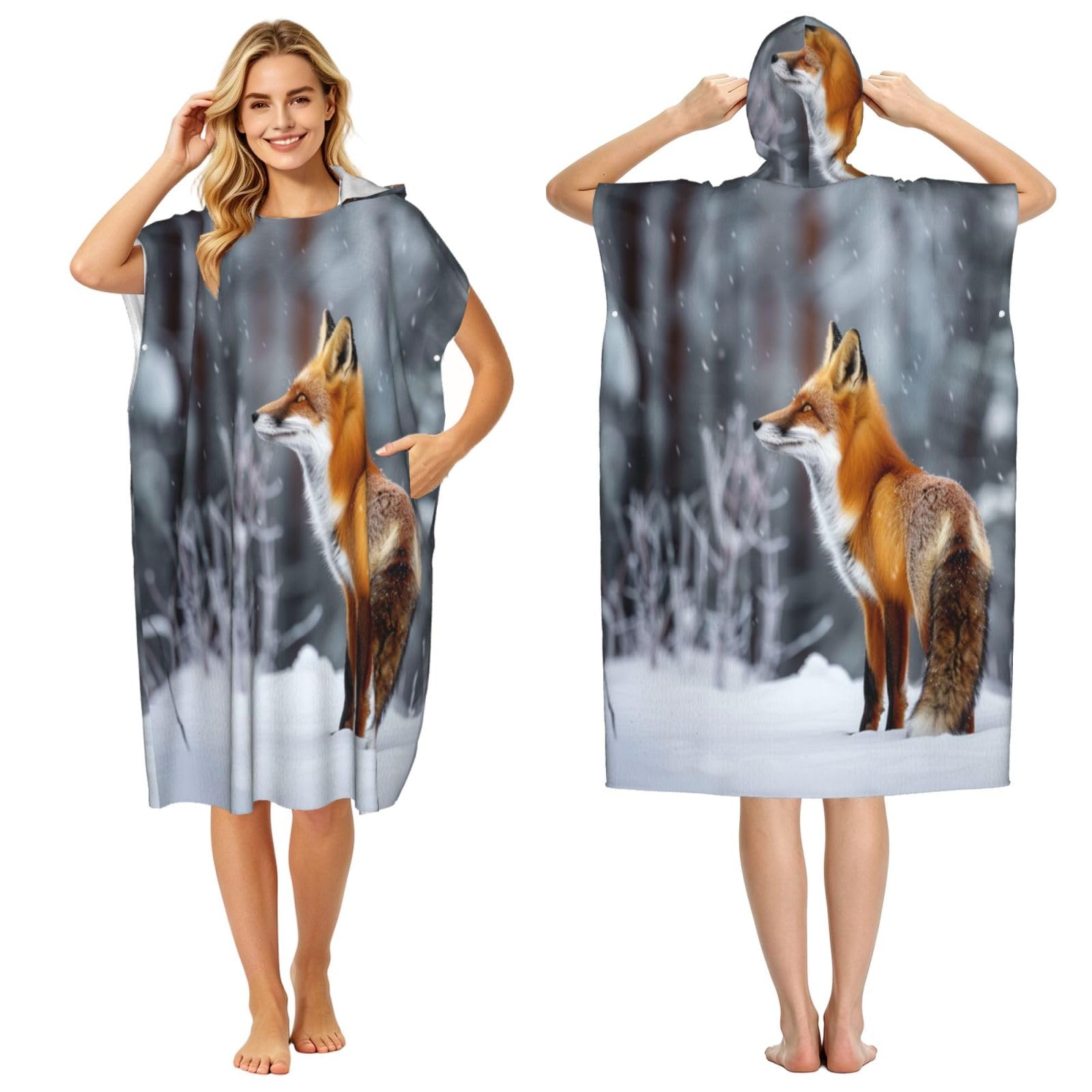 KLGRTJHK Red Fox Adult Hooded Beach Poncho Towel 43"X35"