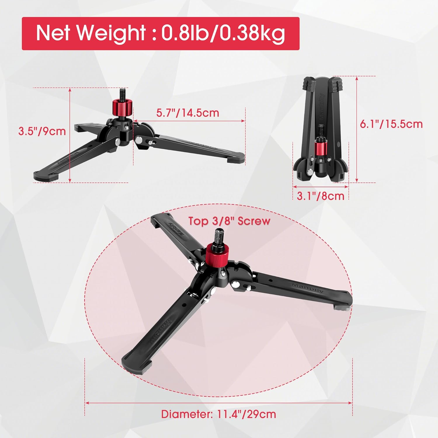 Manbily Mini Tripod Base for Monopods, 3/8" Screw Desktop Tripod with Three Feet, Monopod Stand Support, Travel for Ball Head/Fluid Head DSLR Camera Camcorder, Tilt 20° & Rotate 360° (Red)