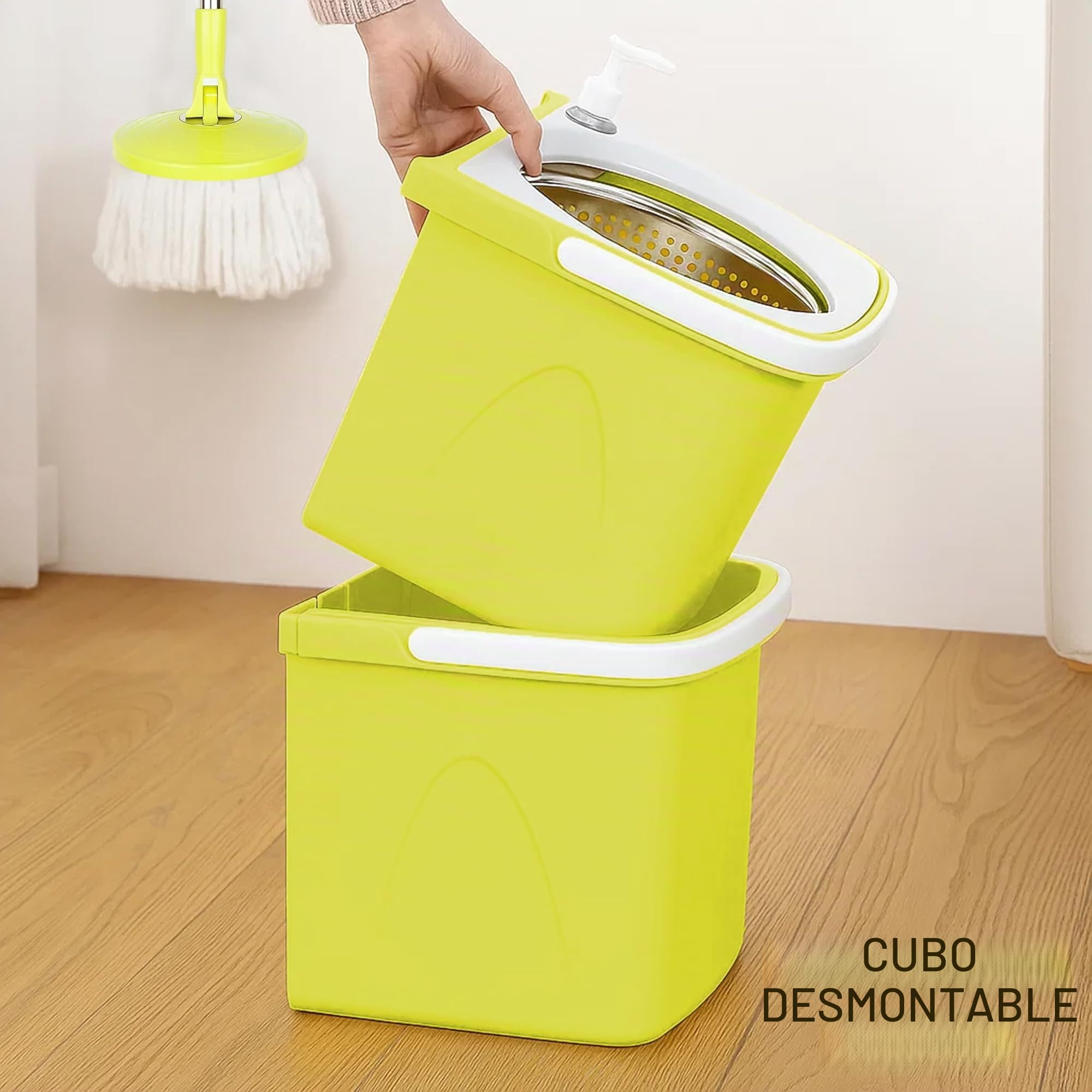 ARSUK Fregona y Cubo con Escurridor Automático, Mopa Giratoria 360° con Doble Compartimento, Fregar para Limpieza del Hogar, con Ruedas, Palo Extensible de Acero Inoxidable