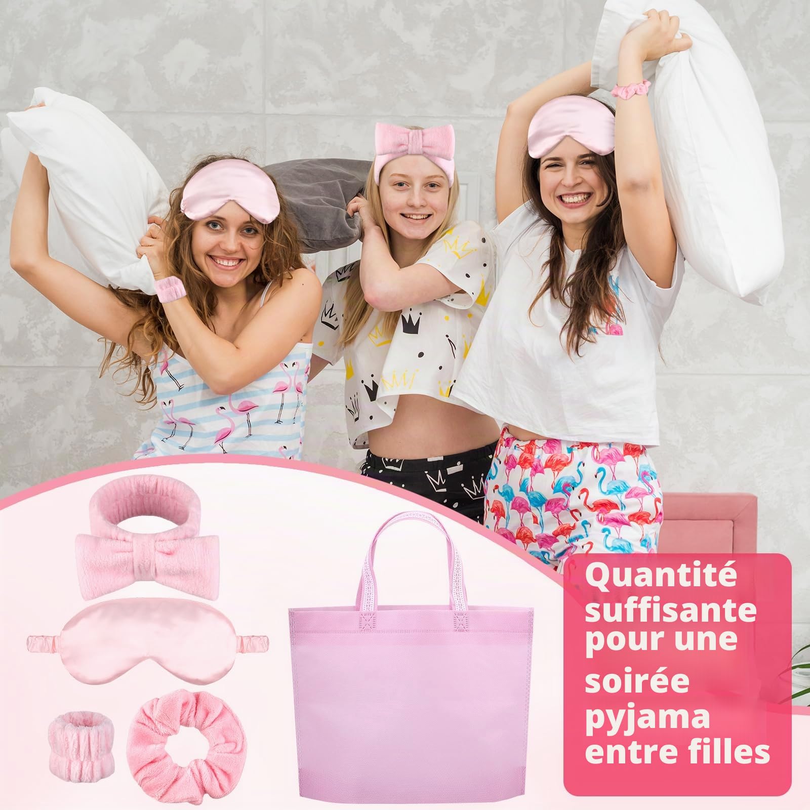 Lot de 42 accessoires roses sur le thème du spa pour fille avec bandeau en satin - Sac non tissé rose pour soirée pyjama - Cadeaux essentiels pour anniversaire, spa, enterrement de vie de jeune fille,