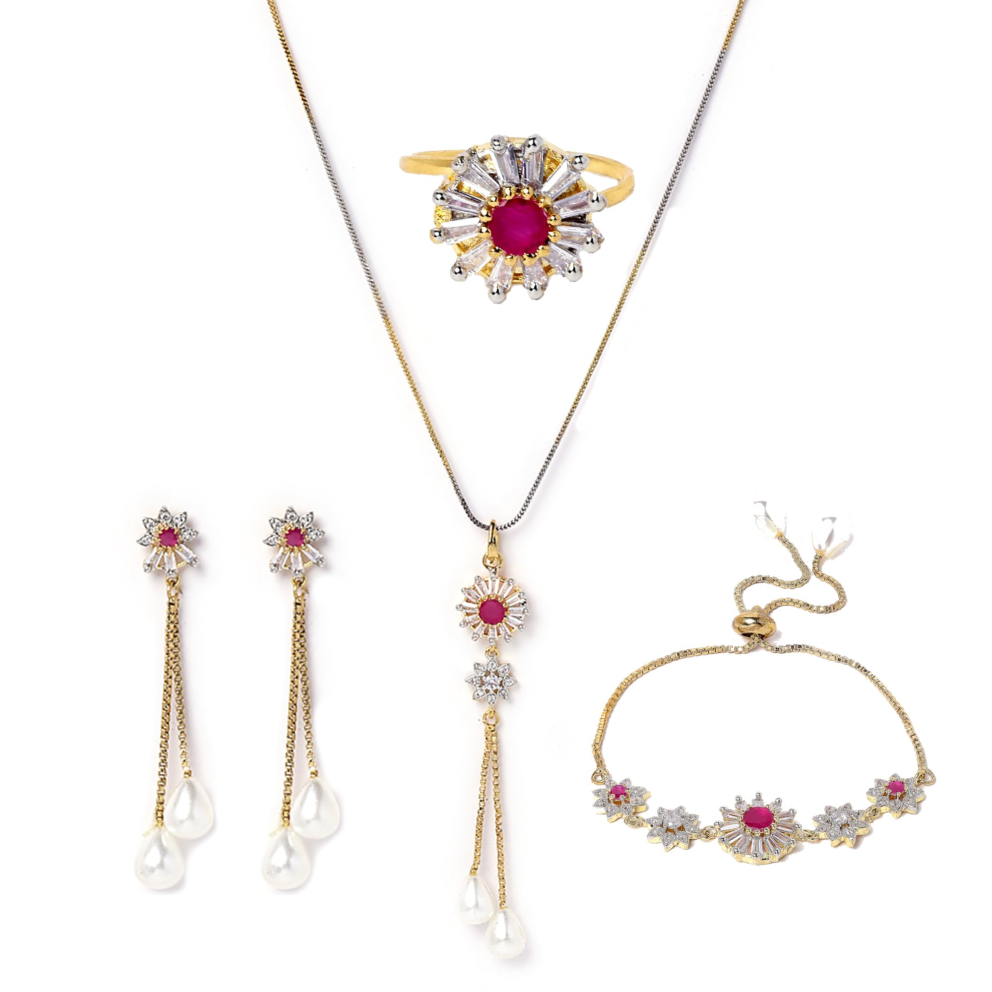 ZENEME Jewellery Set Gold Plated American Diamond Ruby Colored Necklace Set with Earring, Ring and Bracelet Jewellery For Women and Girls (B07MVC6DBR) Amazon Price History, Amazon Price Tracker