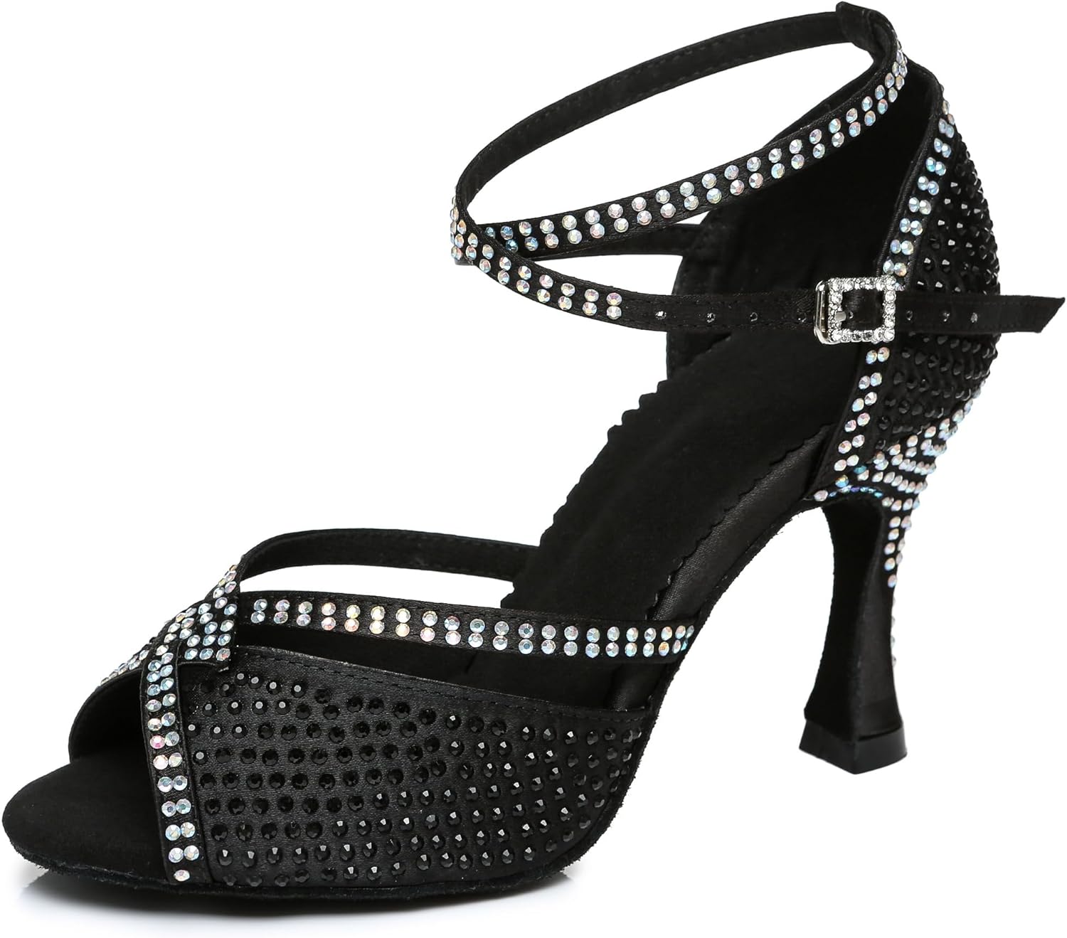 Womens Low High Heel Dance Shoes with Rhinestones Comfortable Wedding Evening Sandals