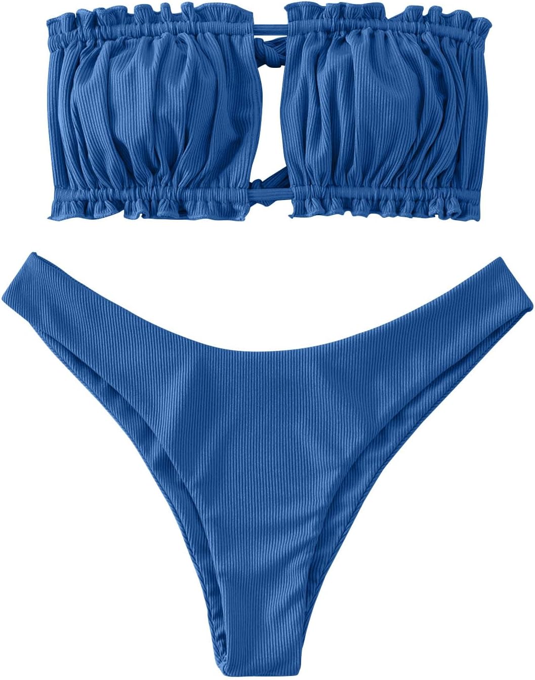 ZAFUL Women 2 Piece Strapless Bikini Swimsuits Ruffle Ribbed Self Tie Bandeau Bikini Set High Cut String Bathing Suits